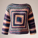 Navy, teal, plum and peach granny square crochet jumper, front — handmade by Ana Chic