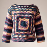 Navy, teal, plum and peach granny square crochet jumper, front — handmade by Ana Chic