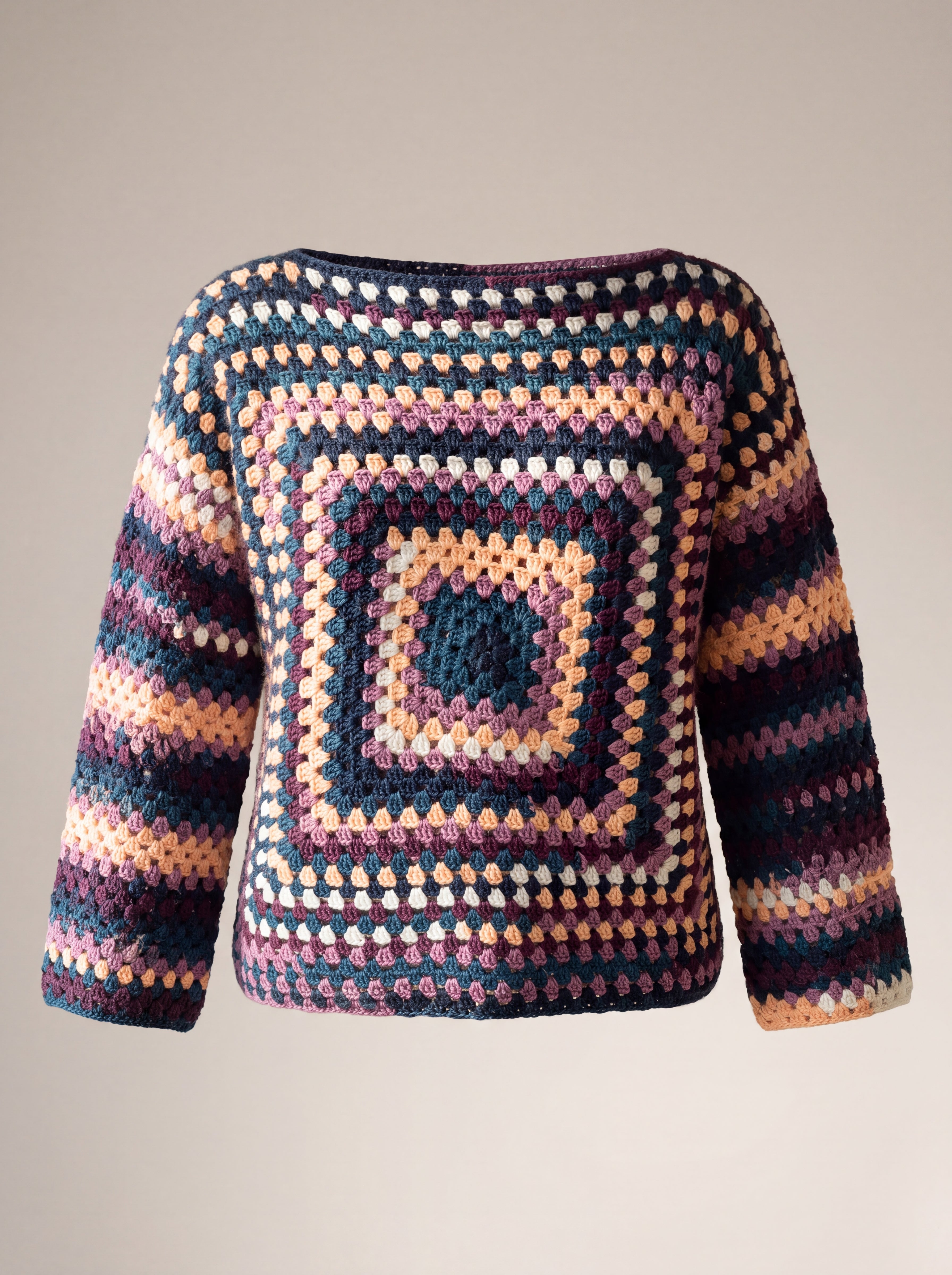 Navy, teal, plum and peach granny square crochet jumper, front — handmade by Ana Chic