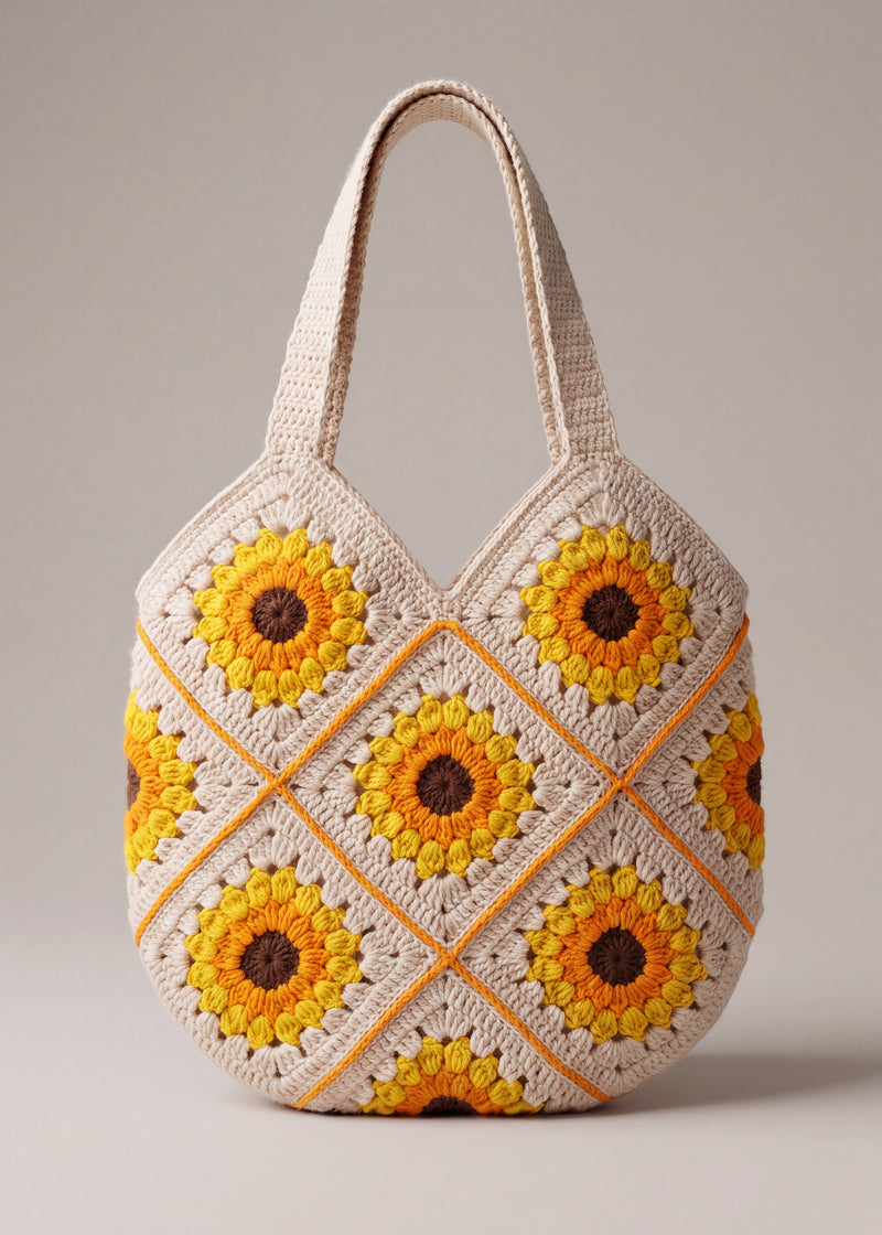 Front of the cream crochet shoulder bag with sunflower granny squares, orange seams and two wide straps — handmade by Ana Chic