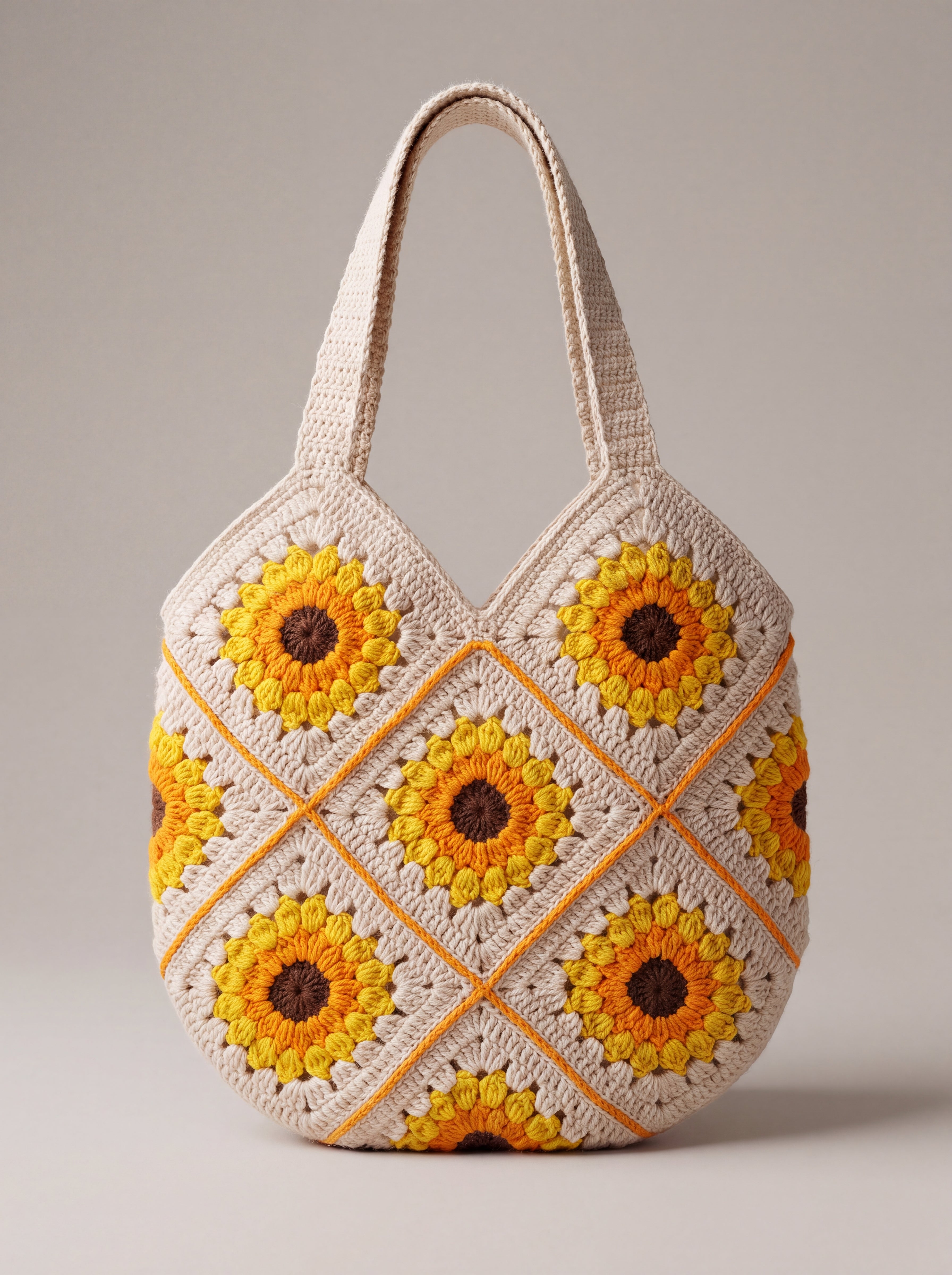 Front of the cream crochet shoulder bag with sunflower granny squares, orange seams and two wide straps — handmade by Ana Chic
