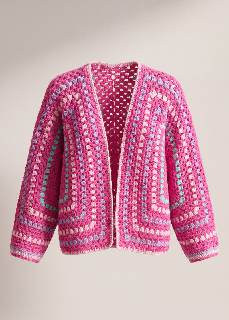 Hot pink hexagon crochet cardigan with lilac, light pink and turquoise stripes and wide batwing sleeves, front view - handmade by Ana Chic