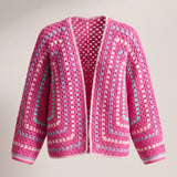Hot pink hexagon crochet cardigan with lilac, light pink and turquoise stripes and wide batwing sleeves, front view - handmade by Ana Chic