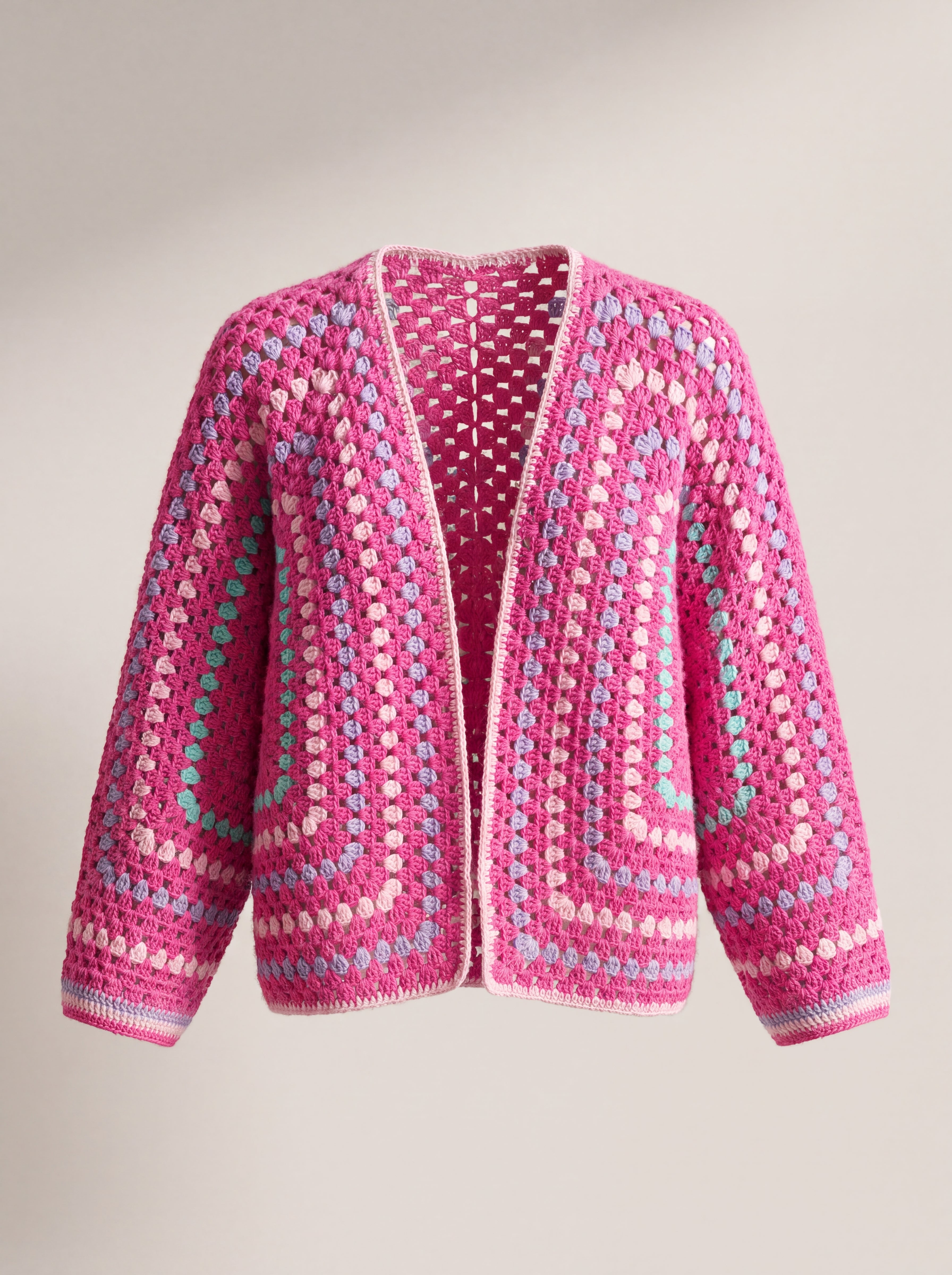 Hot pink hexagon crochet cardigan with lilac, light pink and turquoise stripes and wide batwing sleeves, front view - handmade by Ana Chic