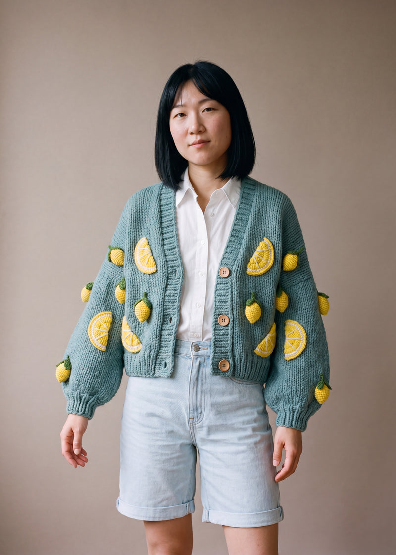Lemon & Slices – Chunky Wool Hand-Knitted Cardigan - soft sea-green teal chunky hand-knitted wool cardigan with crocheted motifs, worn open over a plain top by Ana Chic