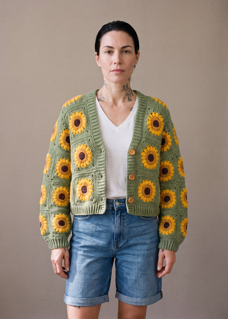 Crop Sunflower Cardigan - Sage Green - Sage-green crocheted granny square cardigan with raised crochet sunflowers, worn by Ana Chic