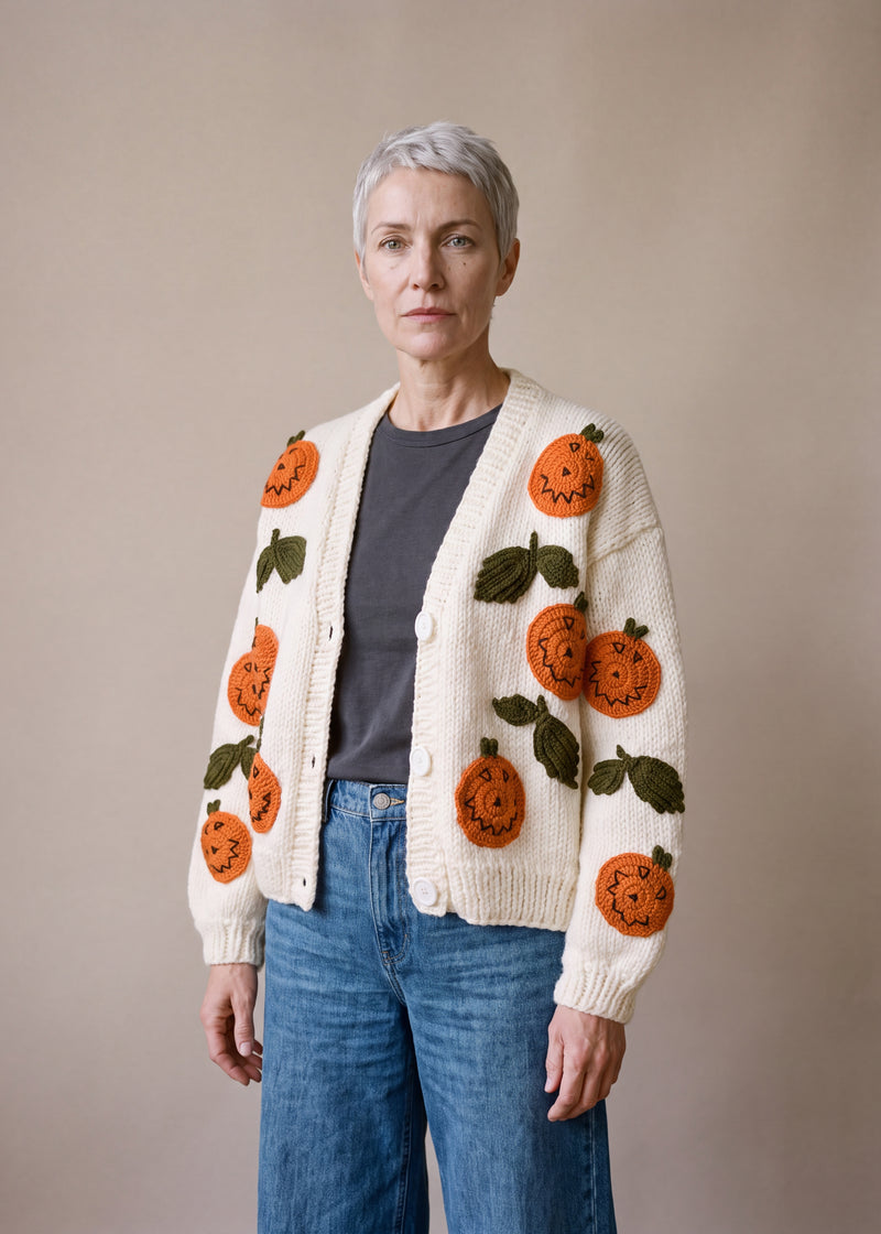 Pumpkin – Chunky Wool Hand-Knitted Cardigan - cream chunky hand-knitted wool cardigan with crocheted motifs, worn open over a plain top by Ana Chic