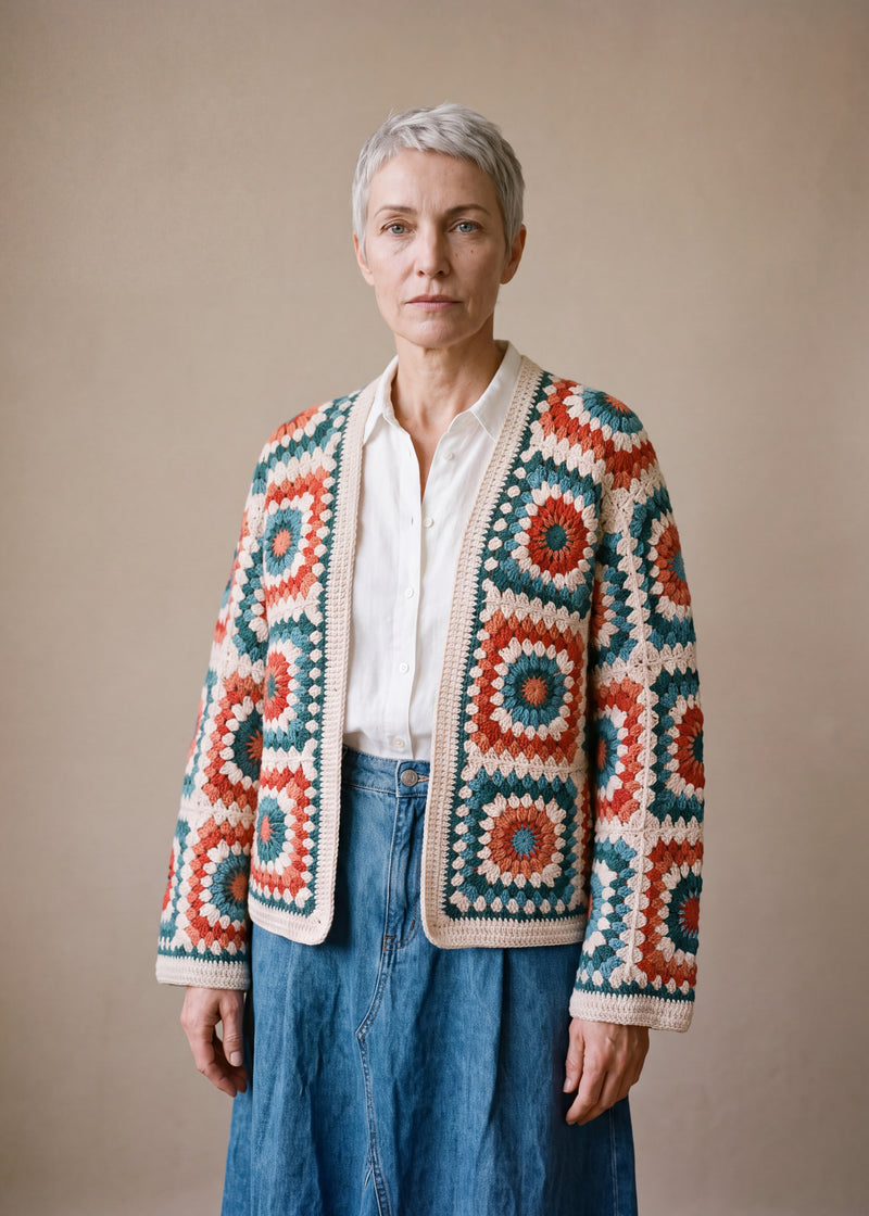 Boho Mosaic orange-cream - cream handmade crochet granny square cardigan worn open over a plain top by Ana Chic