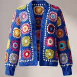 Front of the cobalt multicolour Ribbed Cuff Cardigan, bright ringed squares outlined in cream - handmade by Ana Chic