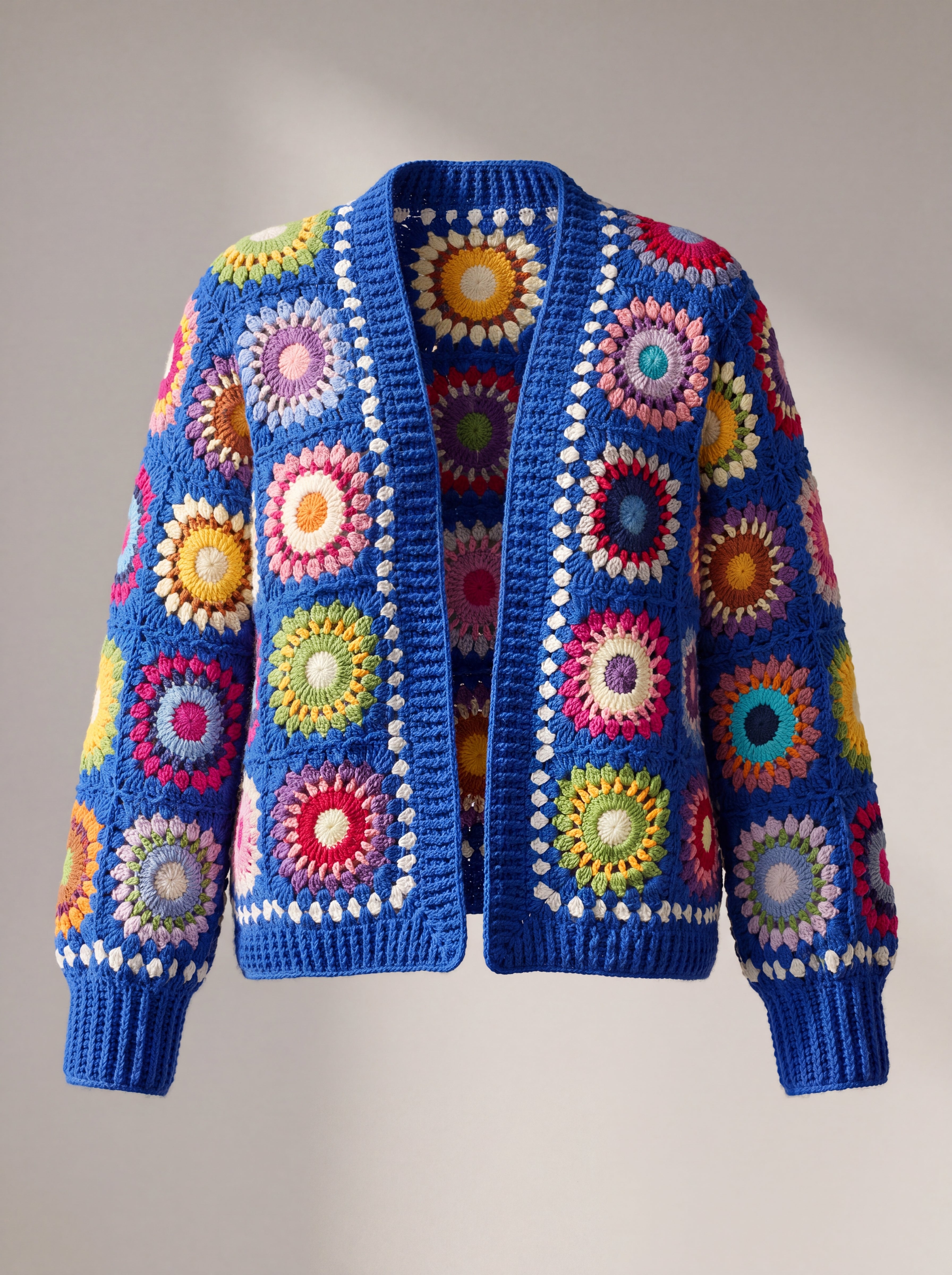Front of the cobalt multicolour Ribbed Cuff Cardigan, bright ringed squares outlined in cream - handmade by Ana Chic