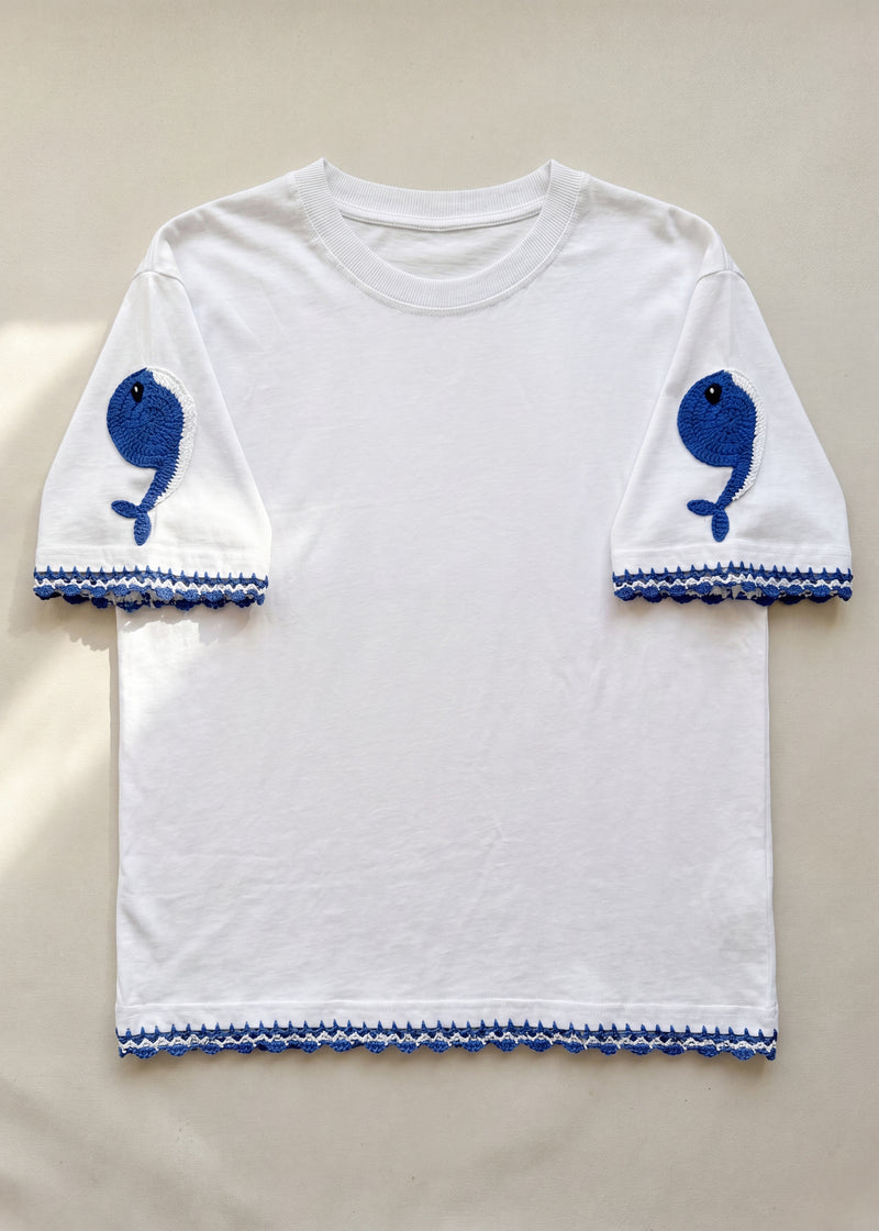Handmade organic cotton t-shirt with crochet accents by Ana Chic