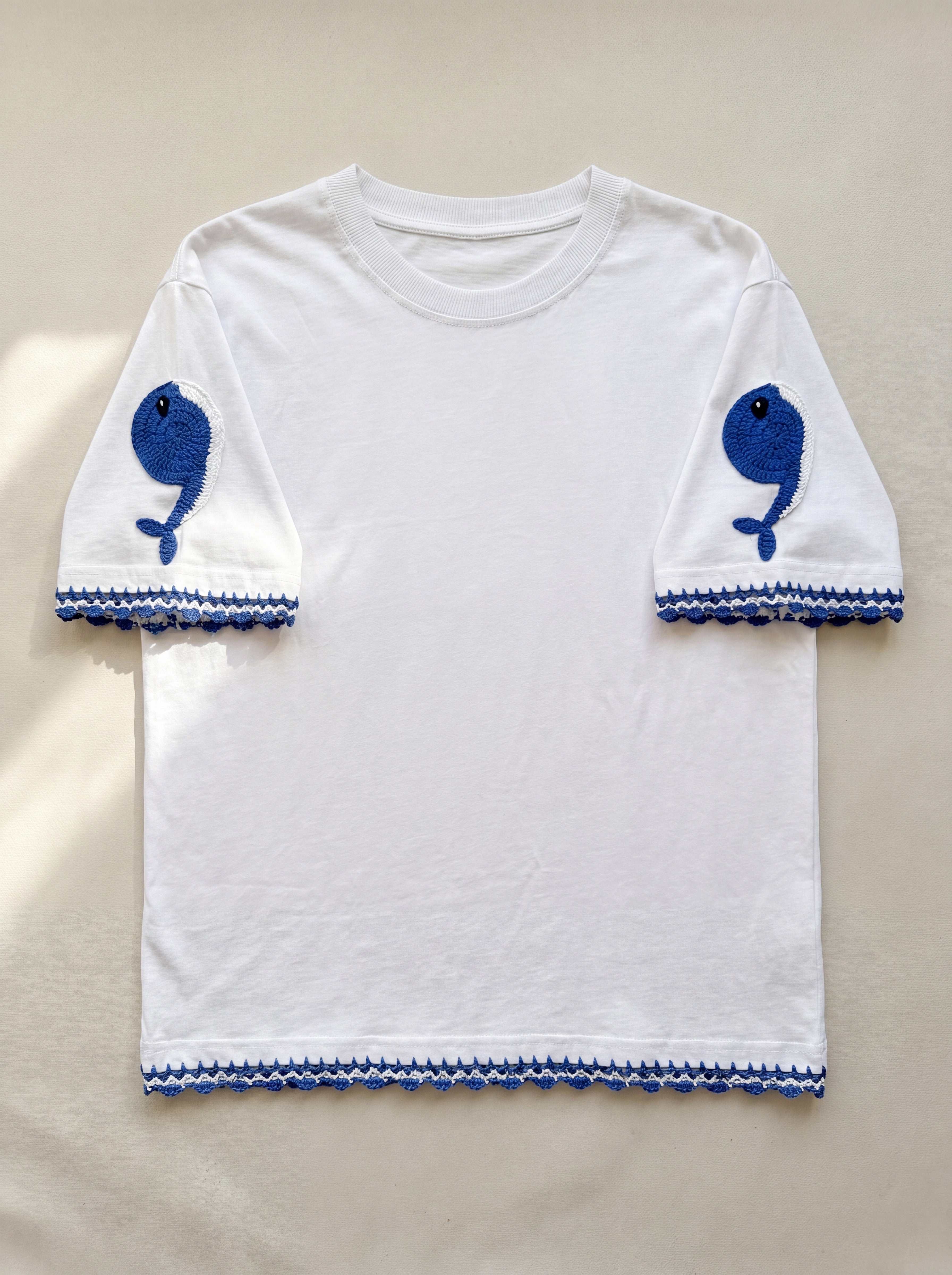 Handmade organic cotton t-shirt with crochet accents by Ana Chic