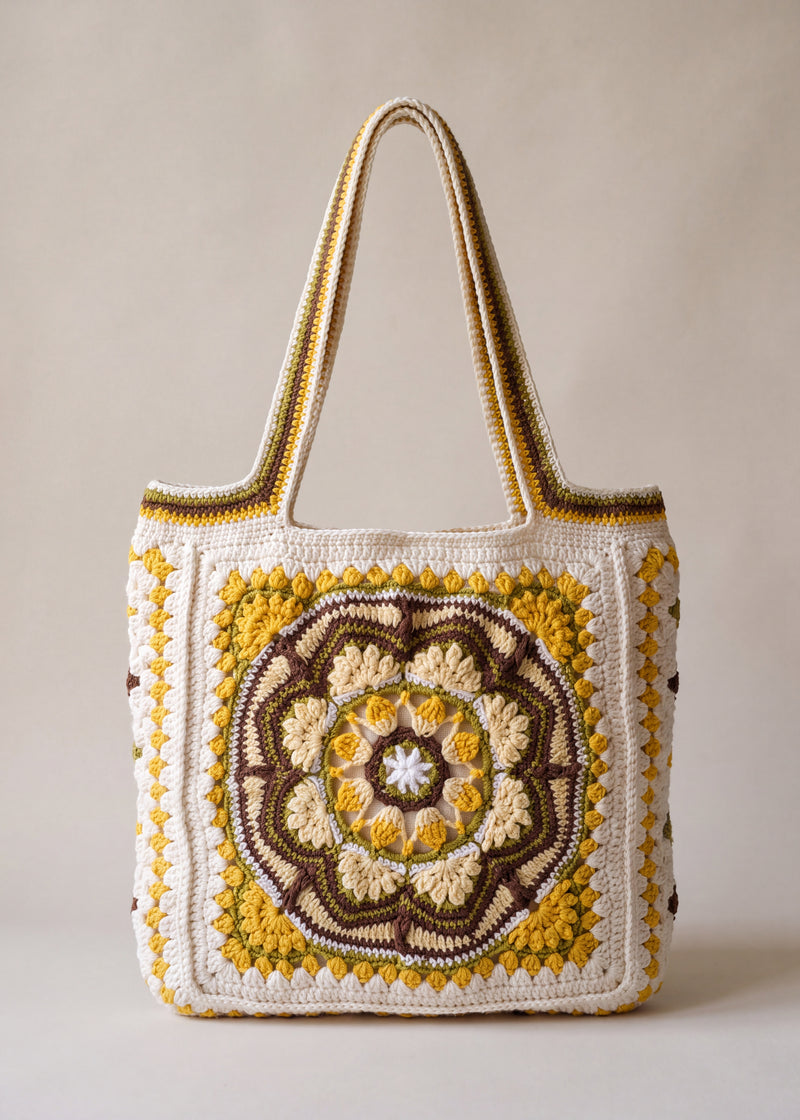 Front of the mustard crochet tote bag with its raised crocheted medallion — handmade by Ana Chic