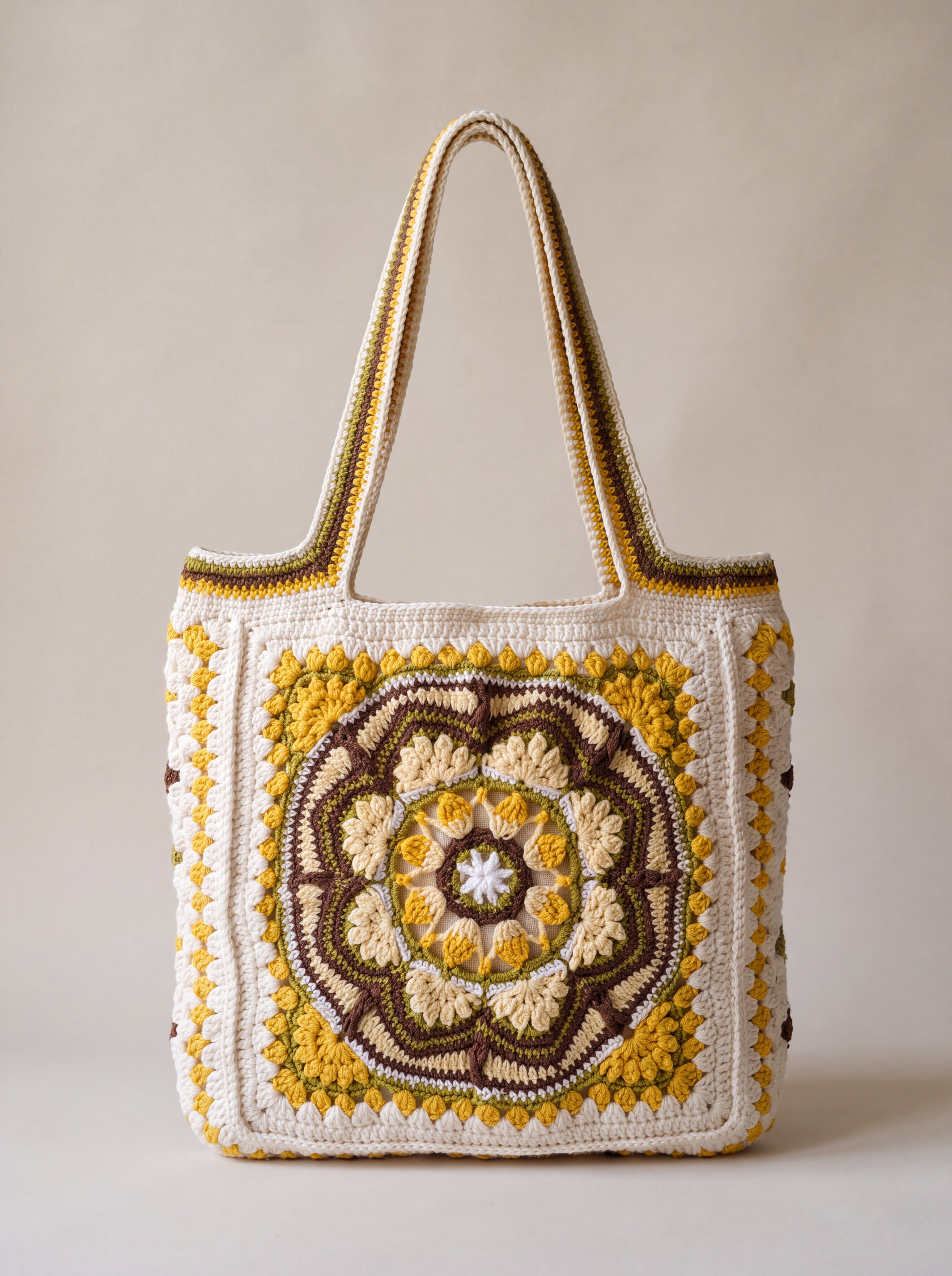 Front of the mustard crochet tote bag with its raised crocheted medallion — handmade by Ana Chic