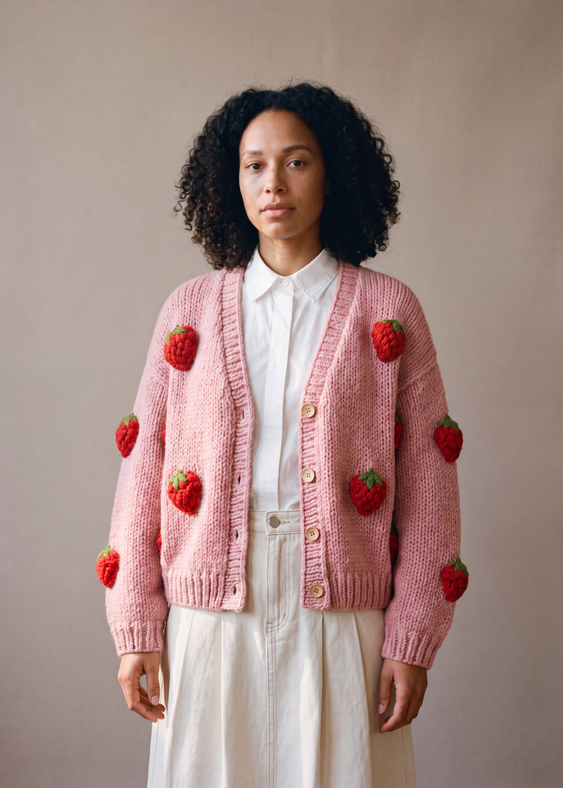 Big Berry – Chunky Wool Hand-Knitted Cardigan - soft pink chunky hand-knitted wool cardigan with crocheted motifs, worn open over a plain top by Ana Chic