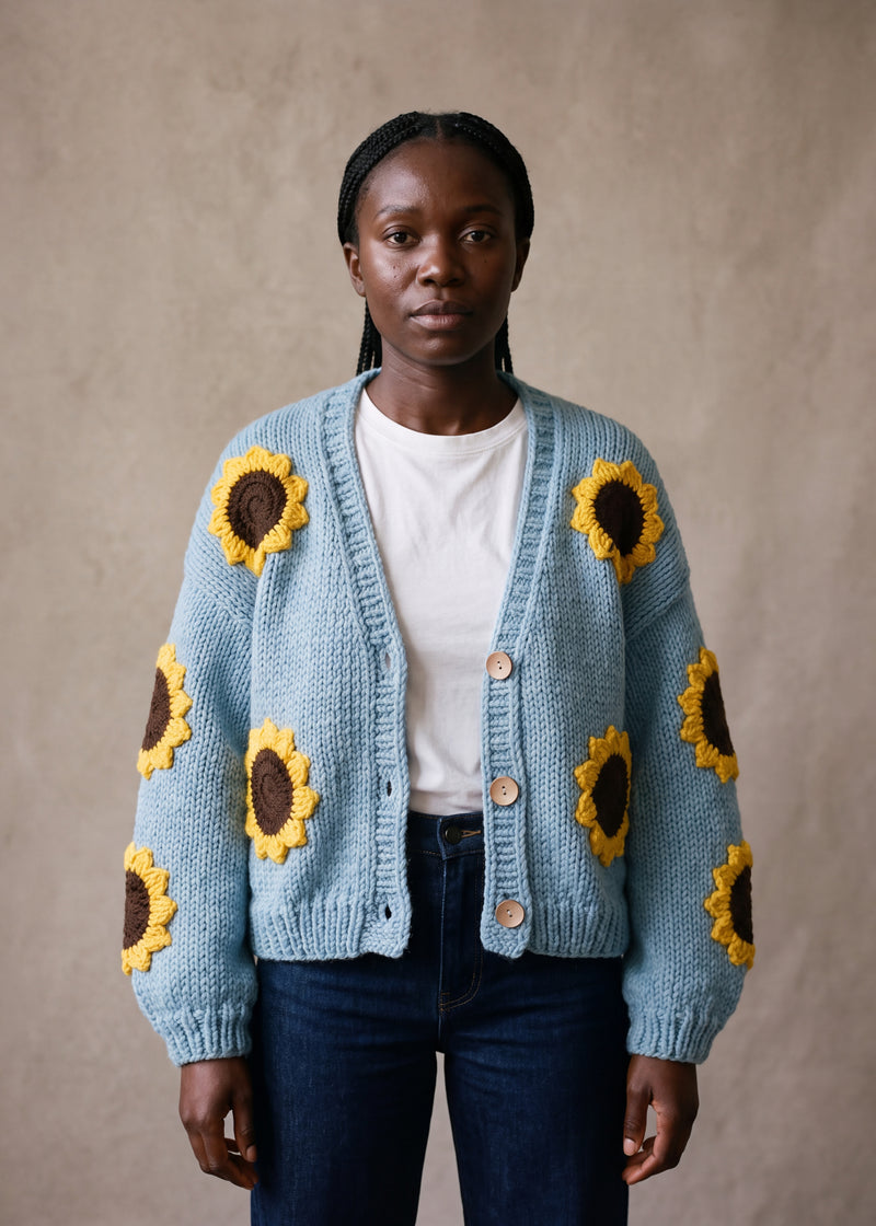 Sunflower  – Chunky Wool Hand-Knitted Cardigan - chunky wool chunky hand-knitted wool cardigan with crocheted motifs, worn open over a plain top by Ana Chic