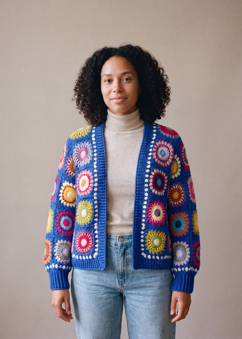 Ribbed Cuff Cardigan in cobalt multicolour worn open over an oatmeal roll-neck with jeans - handmade by Ana Chic