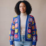 Ribbed Cuff Cardigan in cobalt multicolour worn open over an oatmeal roll-neck with jeans - handmade by Ana Chic