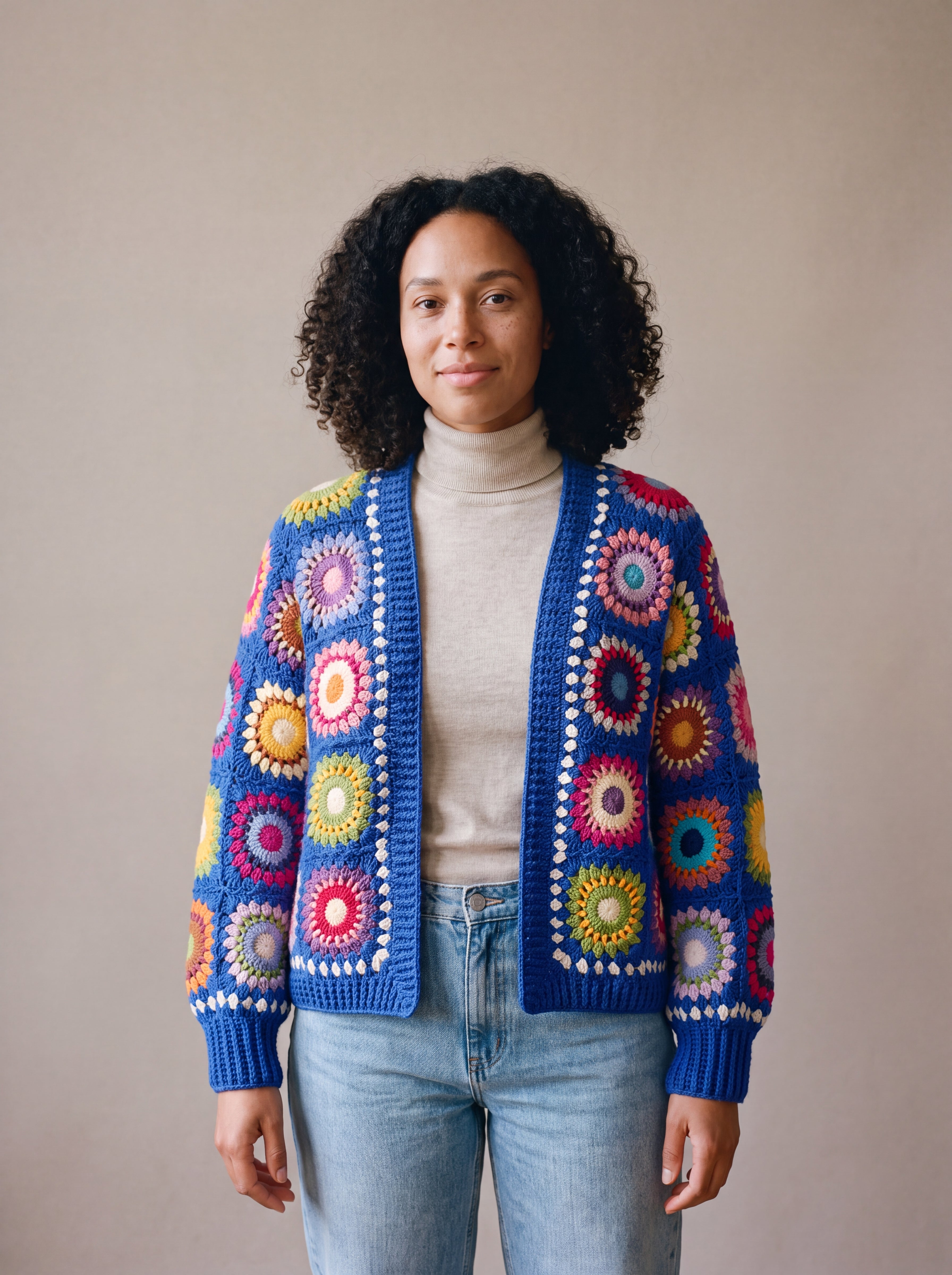 Ribbed Cuff Cardigan in cobalt multicolour worn open over an oatmeal roll-neck with jeans - handmade by Ana Chic