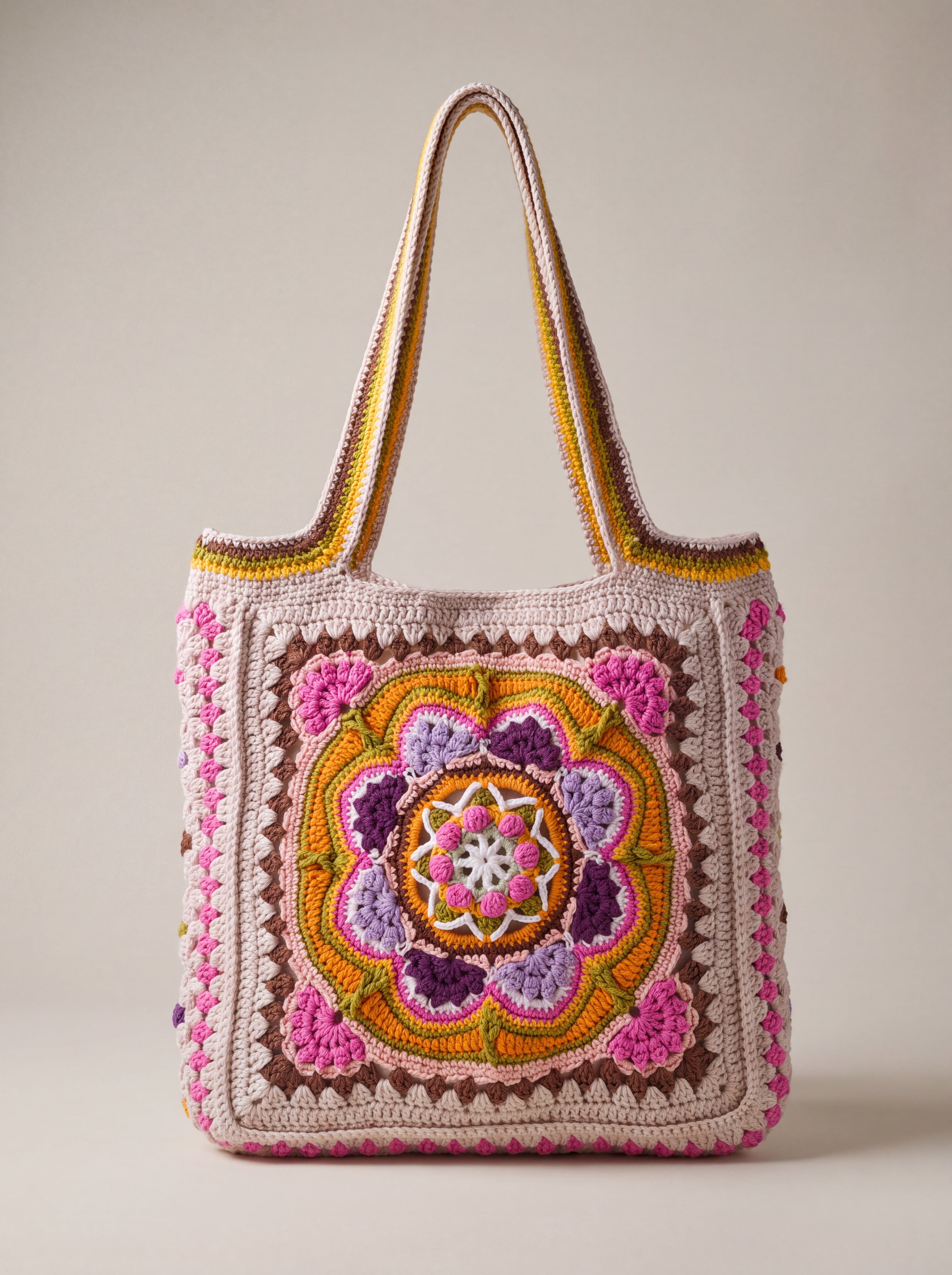Front of the pink crochet tote bag with its raised crocheted medallion — handmade by Ana Chic