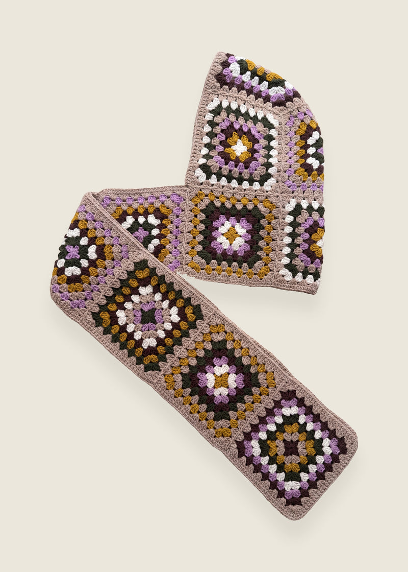 Taupe granny-square crochet hooded scarf laid flat, hood and long scarf in one piece — handmade by Ana Chic