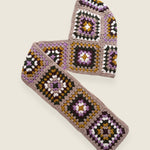 Taupe granny-square crochet hooded scarf laid flat, hood and long scarf in one piece — handmade by Ana Chic