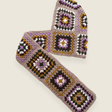 Taupe granny-square crochet hooded scarf laid flat, hood and long scarf in one piece — handmade by Ana Chic