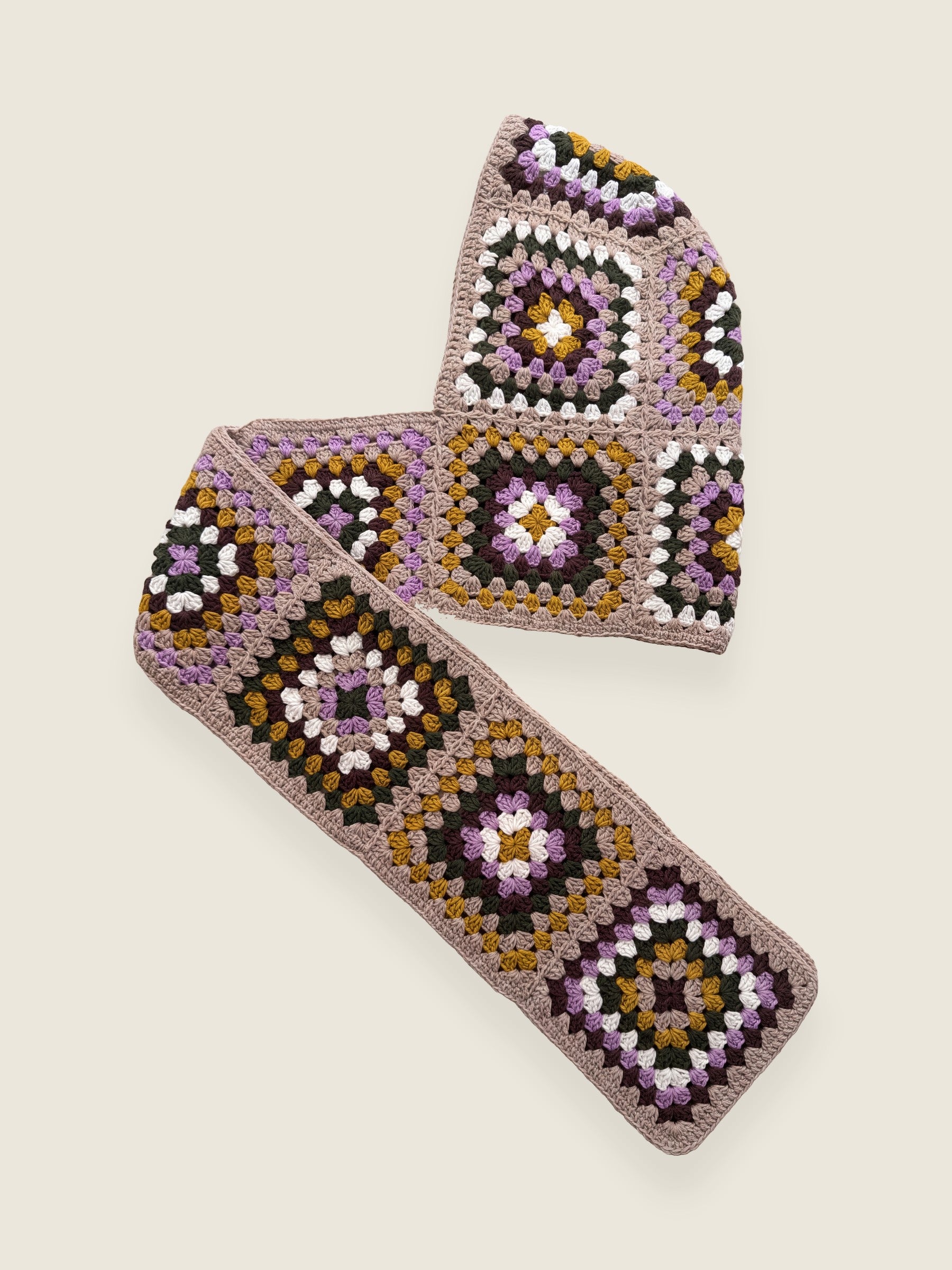 Taupe granny-square crochet hooded scarf laid flat, hood and long scarf in one piece — handmade by Ana Chic