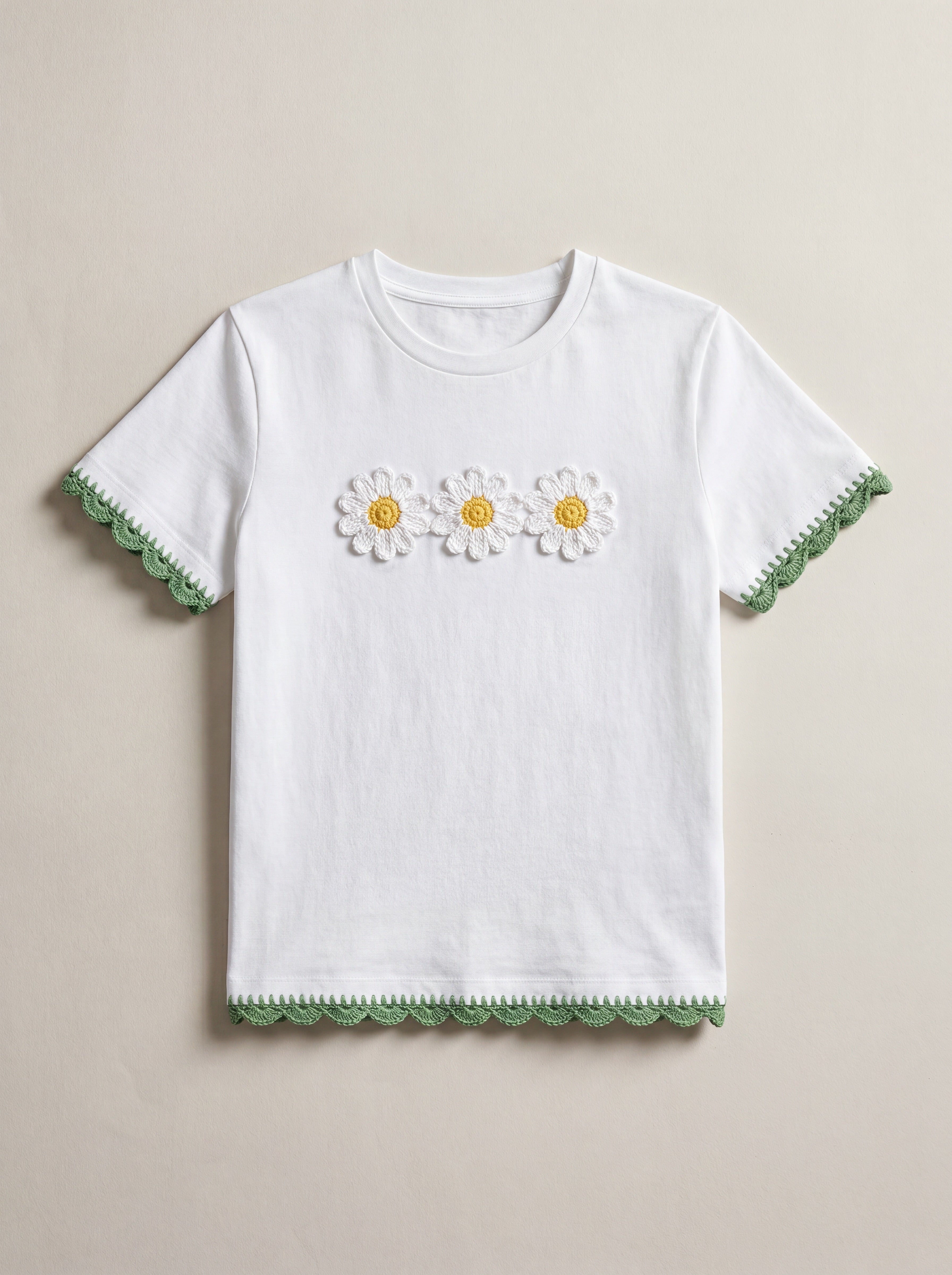 Handmade organic cotton t-shirt with crochet accents by Ana Chic