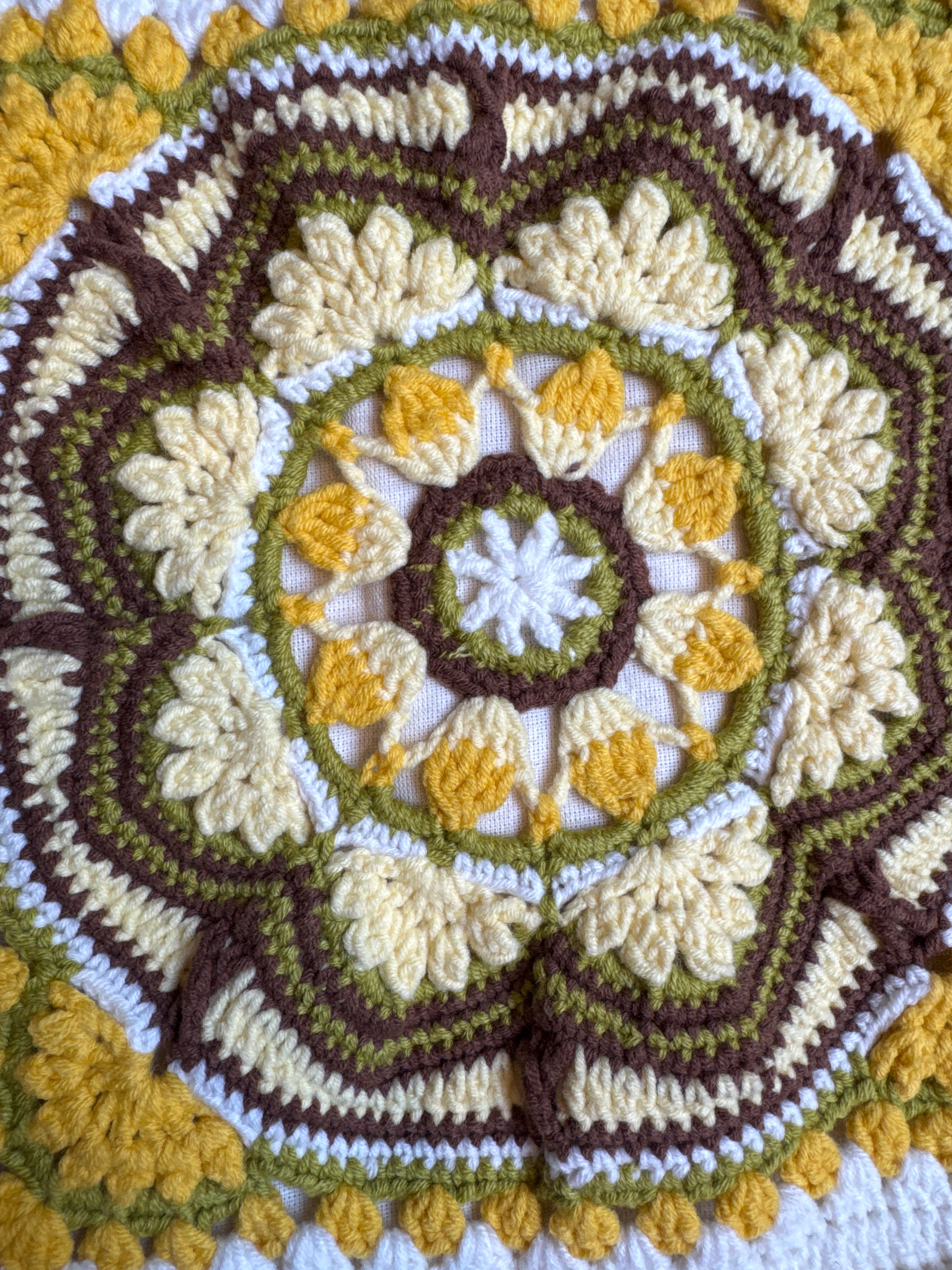 Close-up of the crocheted medallion on the mustard crochet tote bag — handmade by Ana Chic