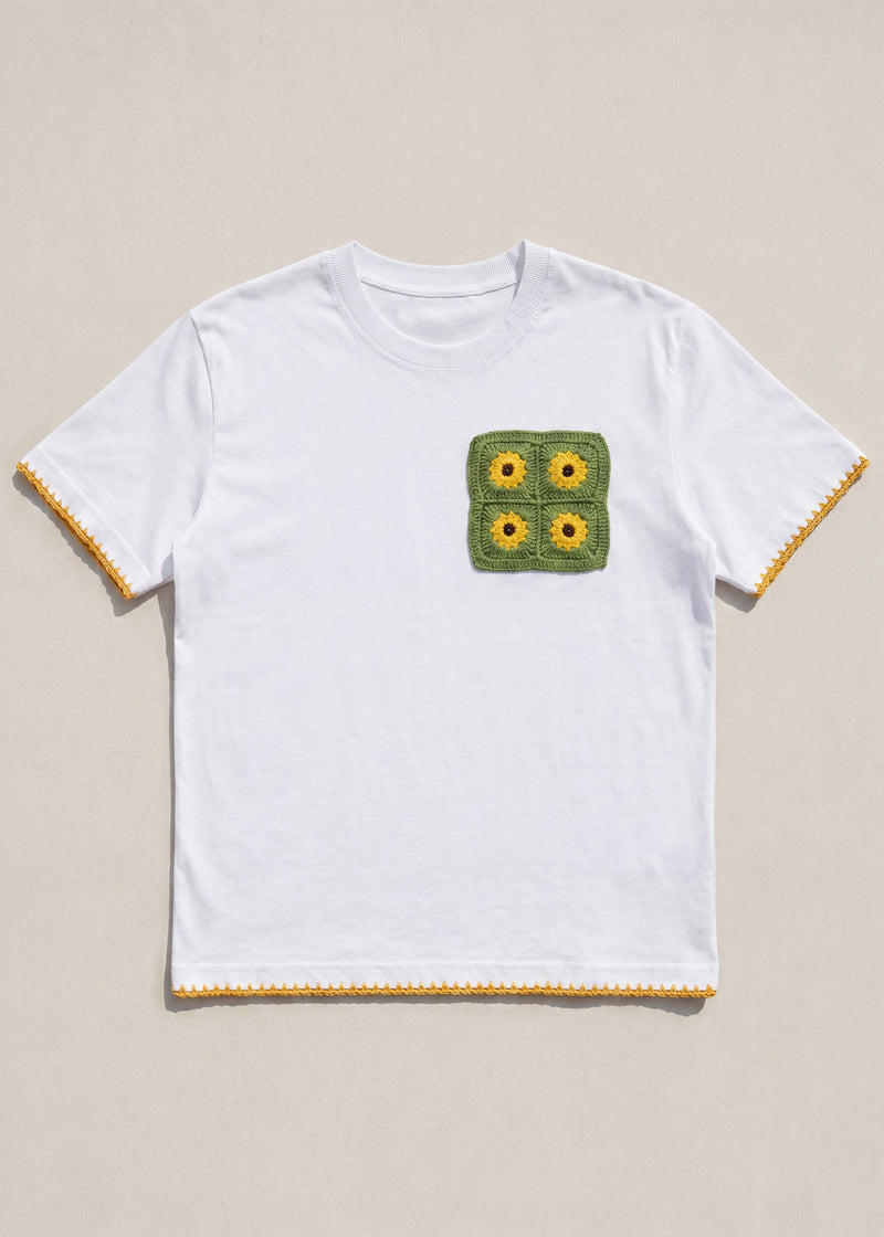 Handmade organic cotton t-shirt with crochet accents by Ana Chic