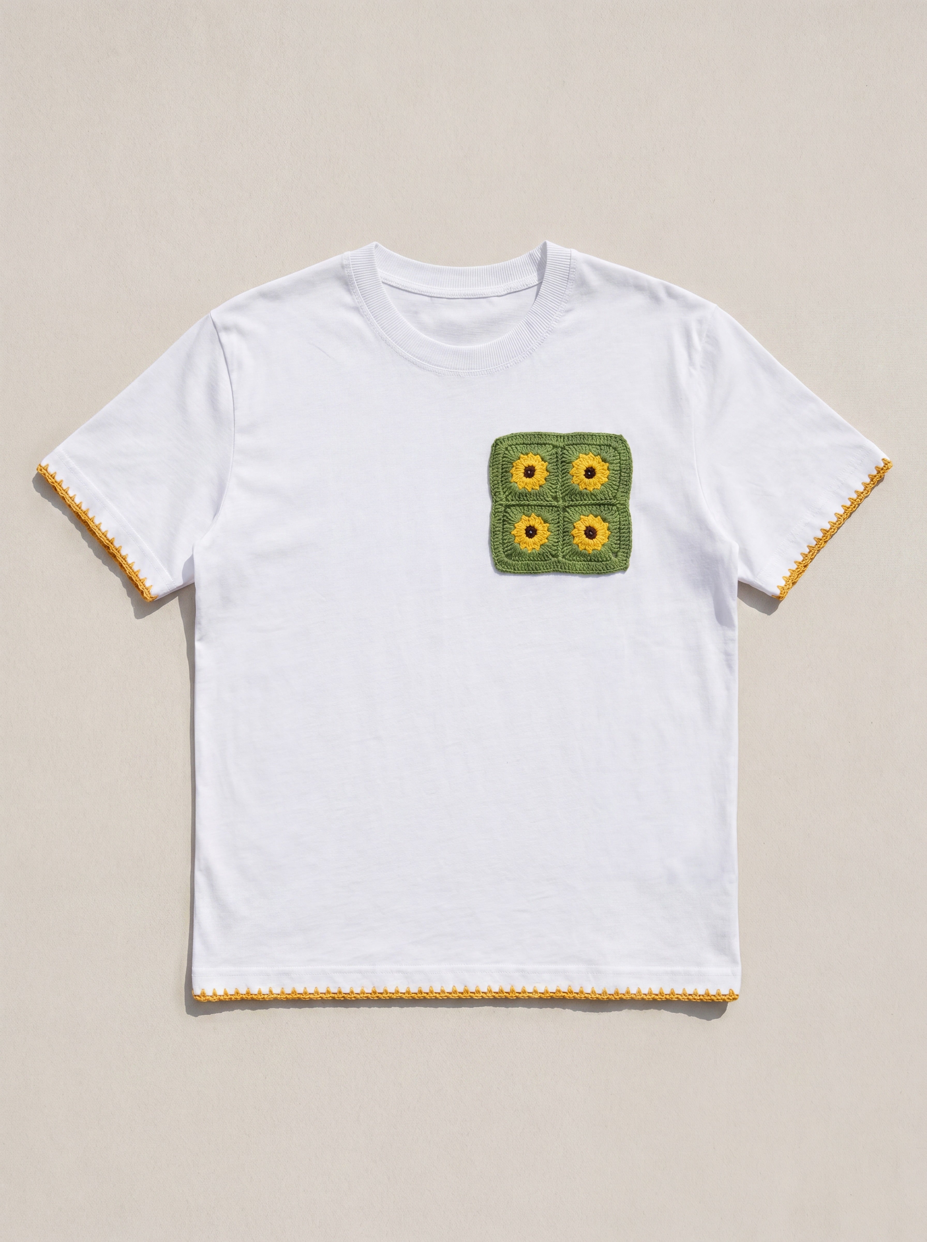Handmade organic cotton t-shirt with crochet accents by Ana Chic