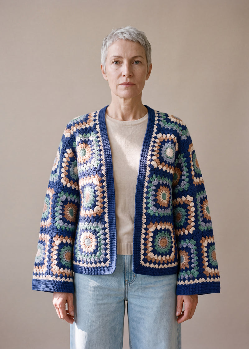Boho Mosaic Navy - navy blue handmade crochet granny square cardigan worn open over a plain top by Ana Chic