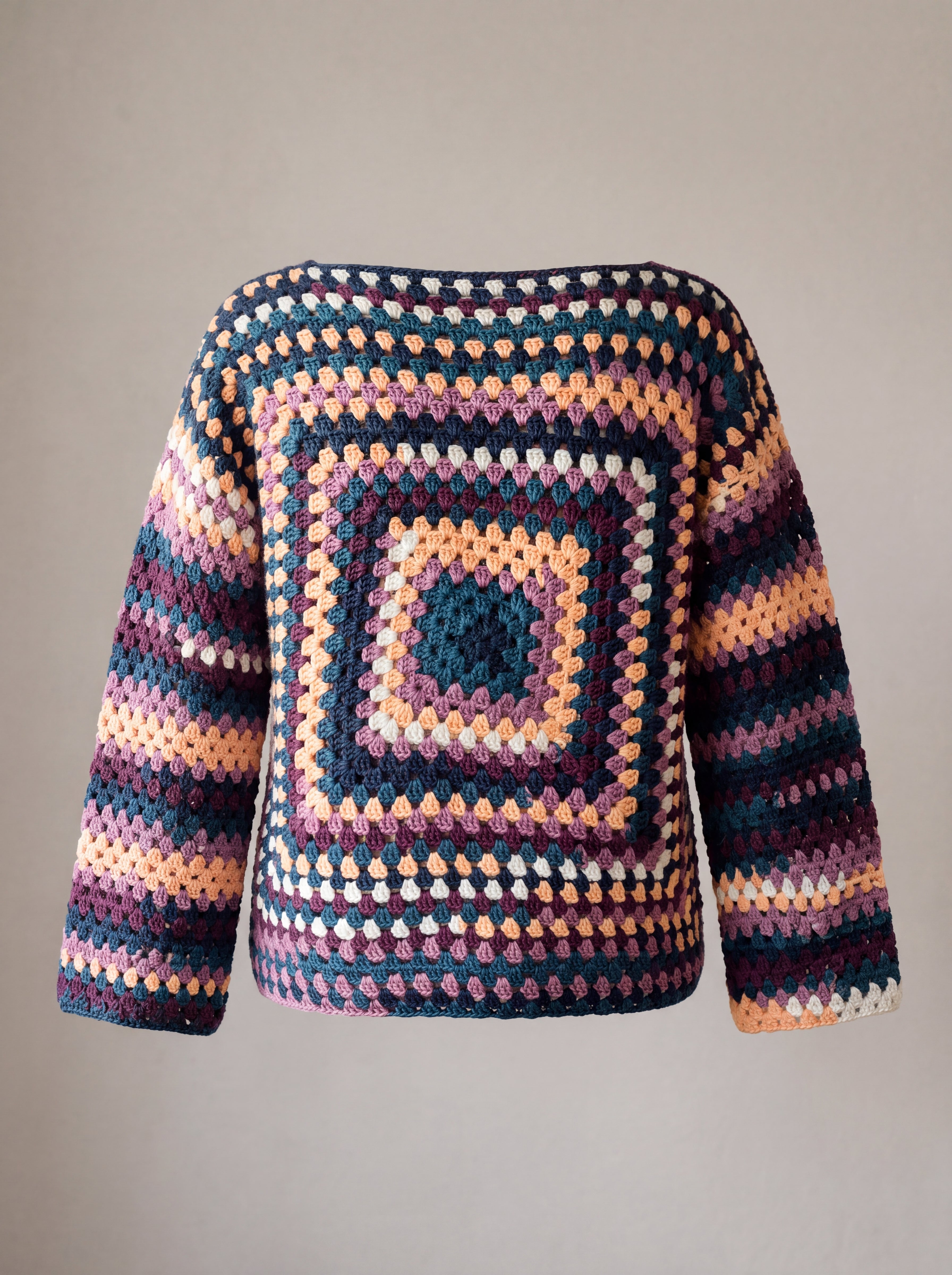 Navy, teal, plum and peach granny square crochet jumper, back — handmade by Ana Chic