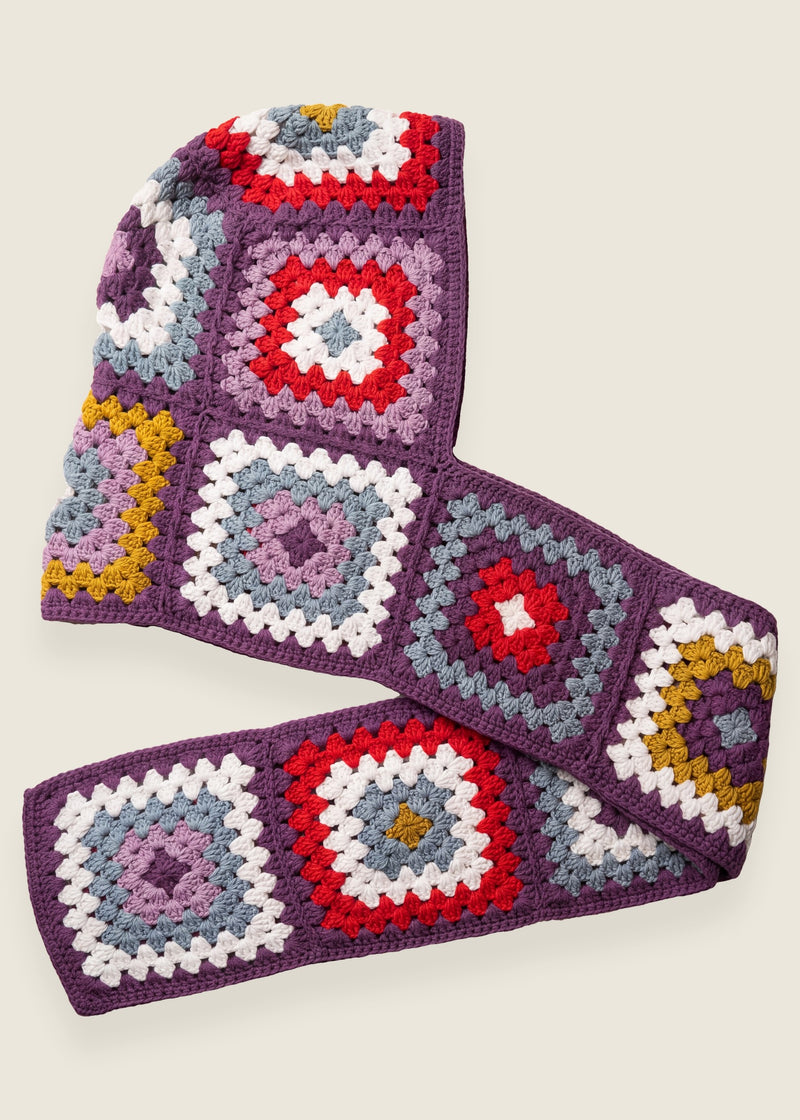 Plum granny-square crochet hooded scarf laid flat, hood and long scarf in one piece — handmade by Ana Chic