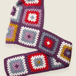 Plum granny-square crochet hooded scarf laid flat, hood and long scarf in one piece — handmade by Ana Chic