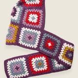Plum granny-square crochet hooded scarf laid flat, hood and long scarf in one piece — handmade by Ana Chic