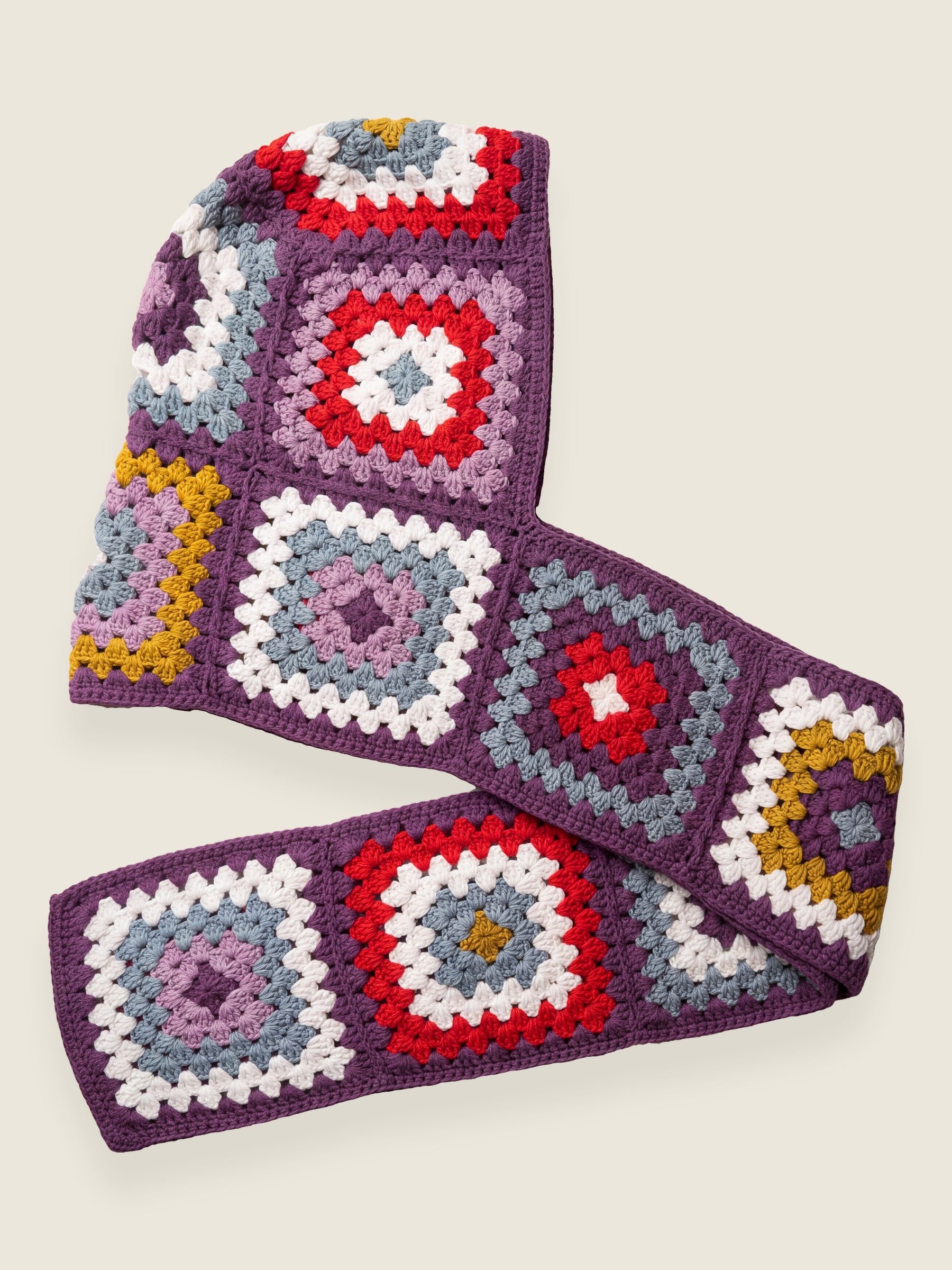 Plum granny-square crochet hooded scarf laid flat, hood and long scarf in one piece — handmade by Ana Chic