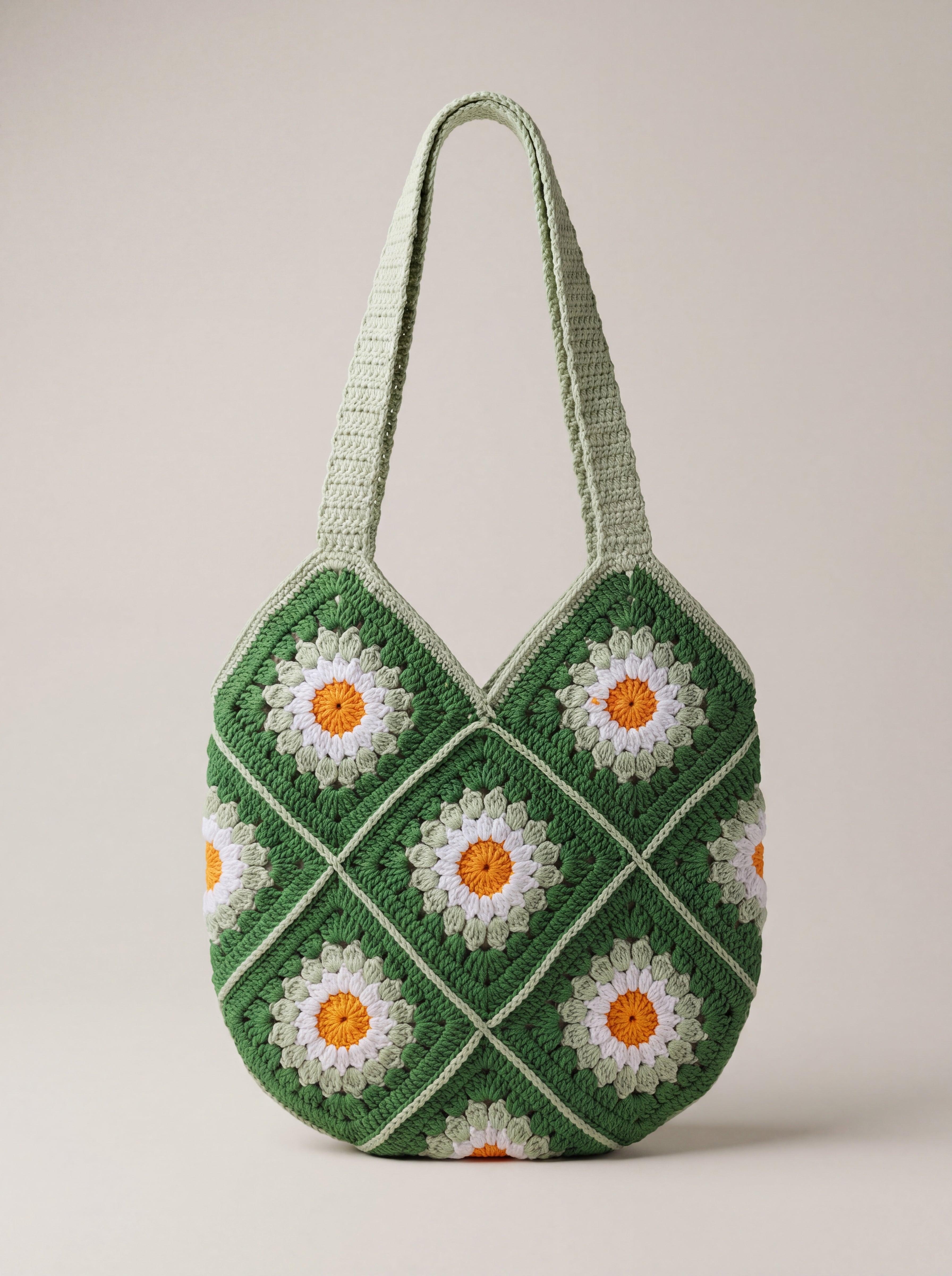 Front of the green crochet shoulder bag with daisy granny squares and two sage-green straps — handmade by Ana Chic