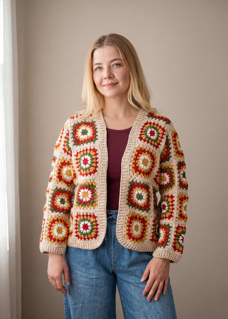 Handmade crochet cardigan worn, studio — Ana Chic