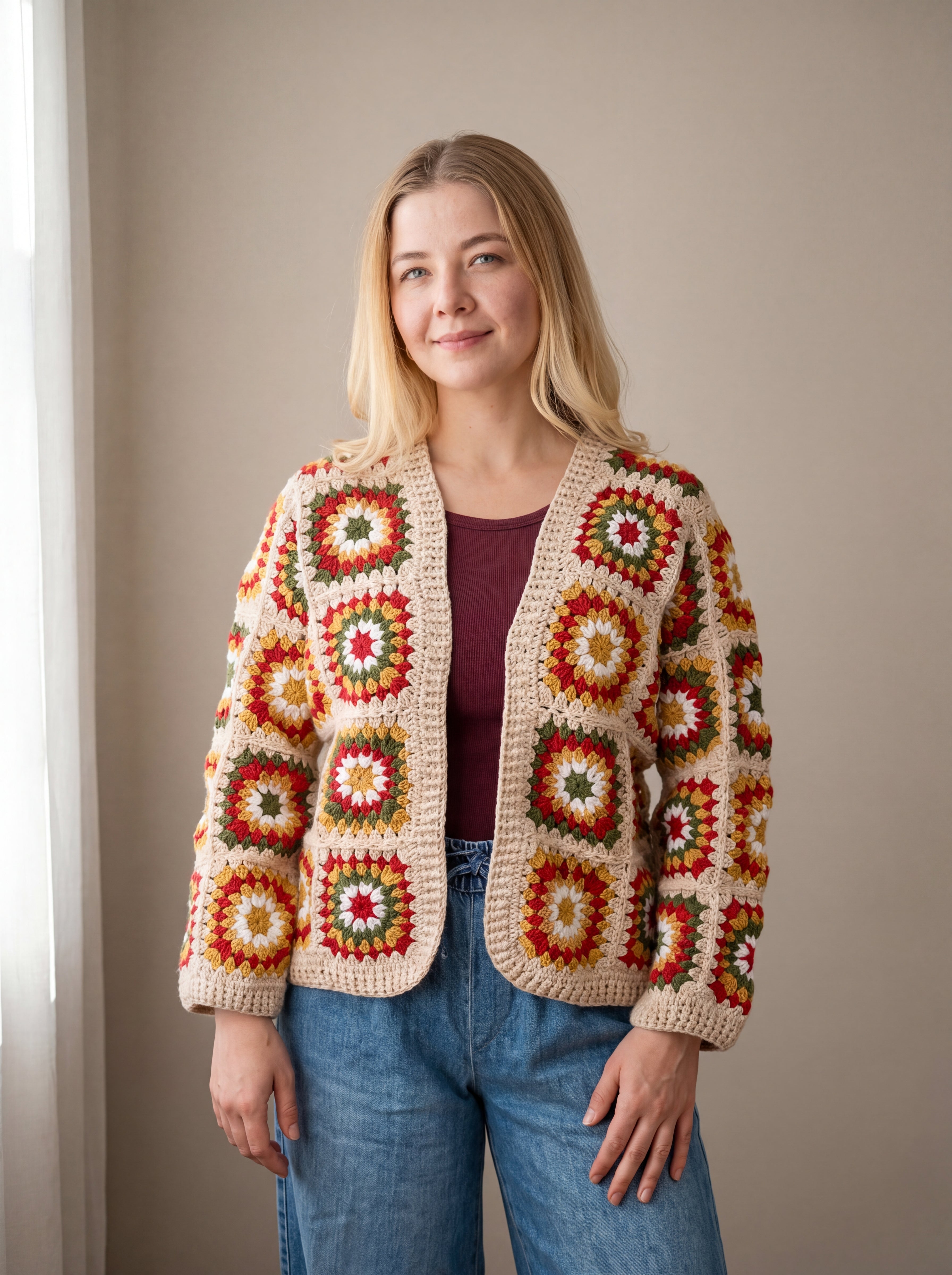 Handmade crochet cardigan worn, studio — Ana Chic