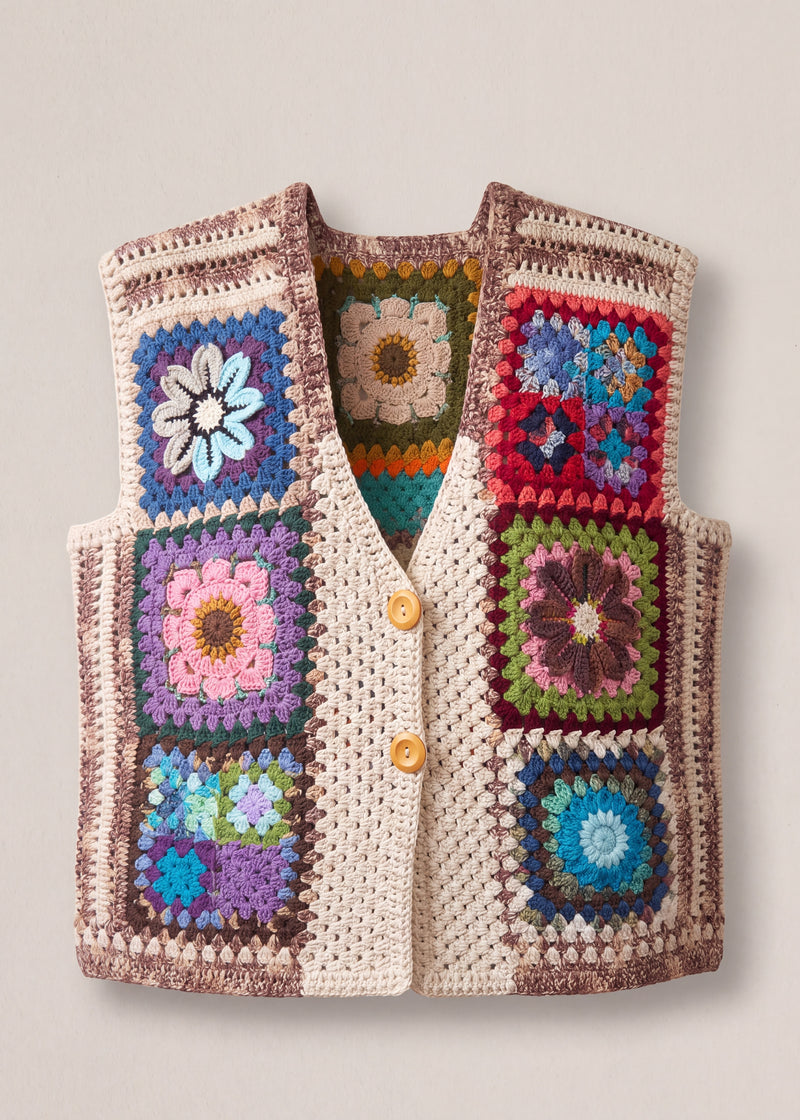 Multicoloured granny square crochet vest with wooden buttons - handmade by Ana Chic