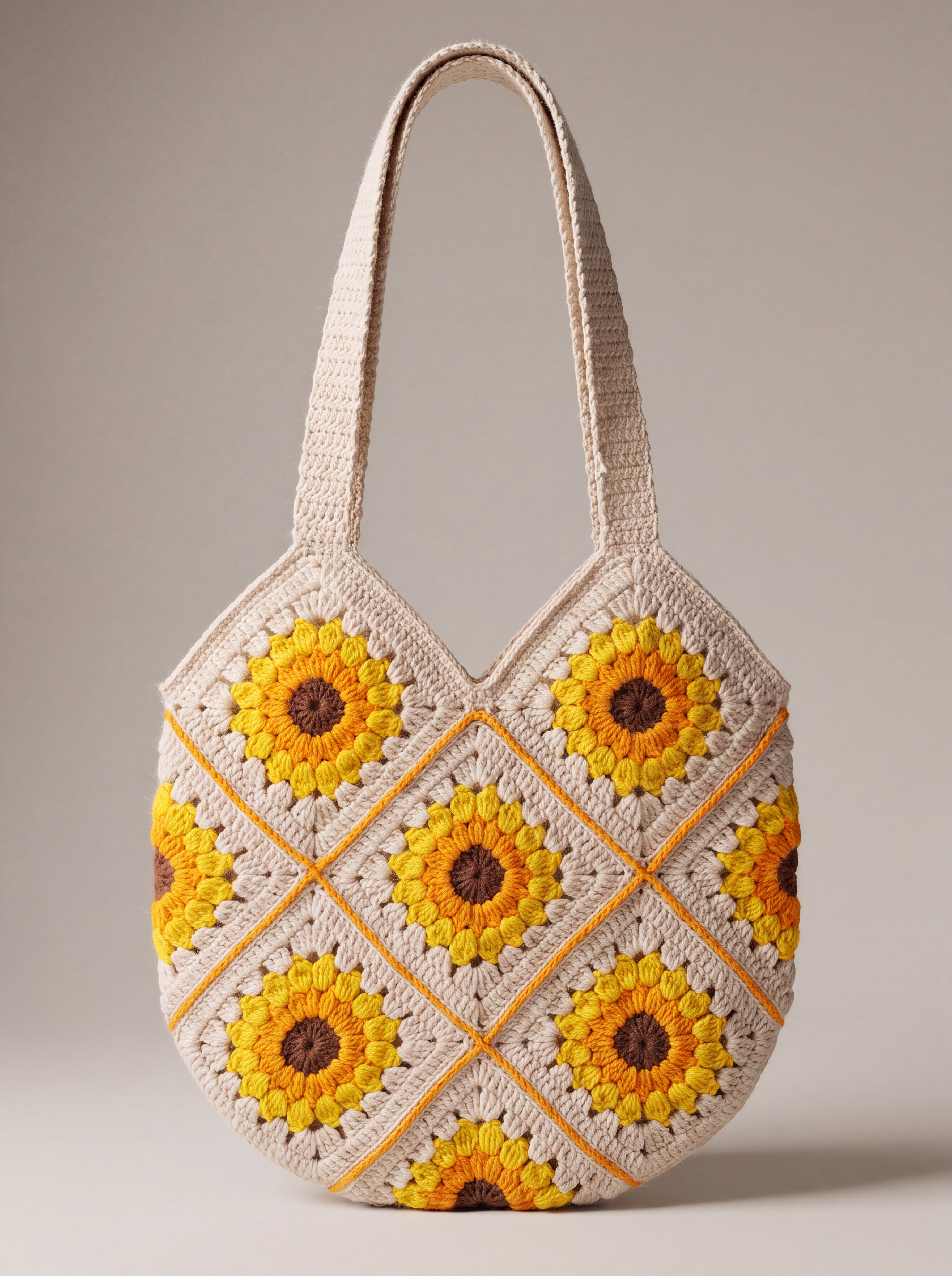 Back of the cream crochet shoulder bag with its sunflower granny squares and cream shoulder straps — handmade by Ana Chic