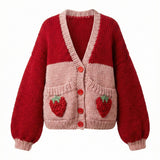 Strawberry Pocket – Chunky Wool Hand-Knitted Cardigan — handmade chunky wool hand-knit cardigan by Ana Chic