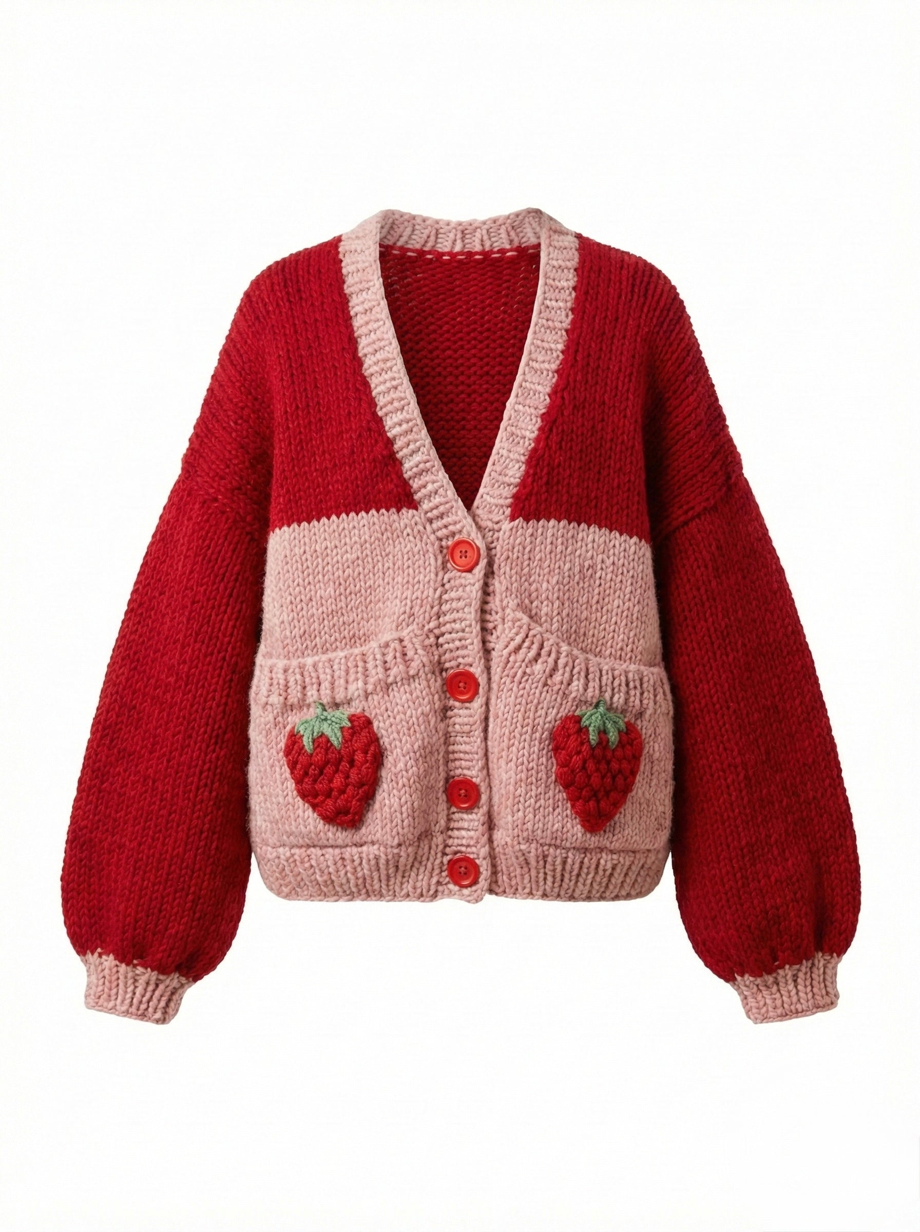 Strawberry Pocket – Chunky Wool Hand-Knitted Cardigan — handmade chunky wool hand-knit cardigan by Ana Chic