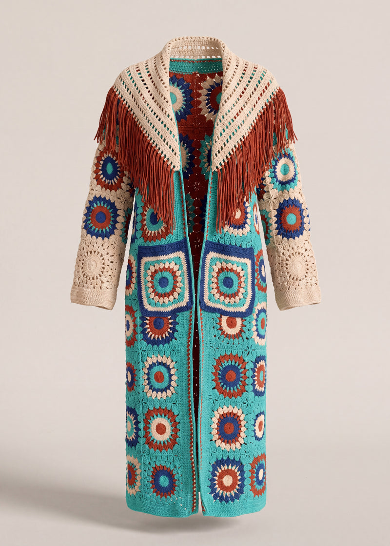 Maxi-length crochet cardigan with turquoise trim, sunburst squares and a fringed hem, front view - handmade by Ana Chic