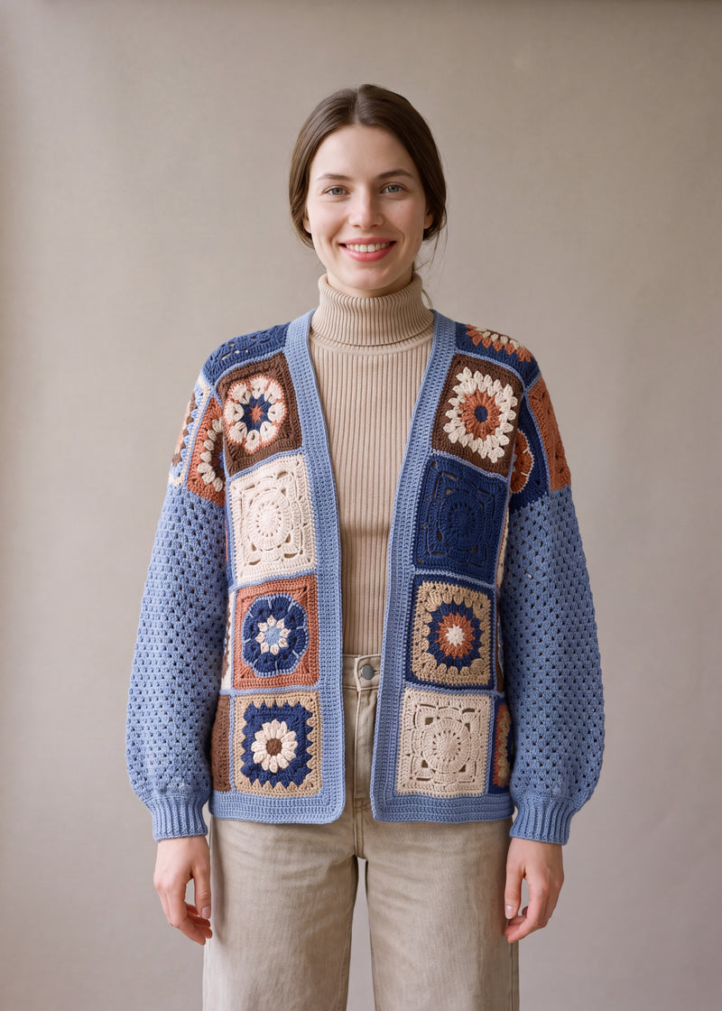 Blue Ethnic Cardigan worn open - handmade crochet cardigan by Ana Chic, Brighton studio