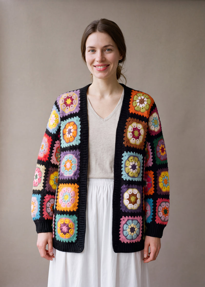 Violet Black Cardigan worn open - handmade crochet cardigan by Ana Chic, Brighton studio