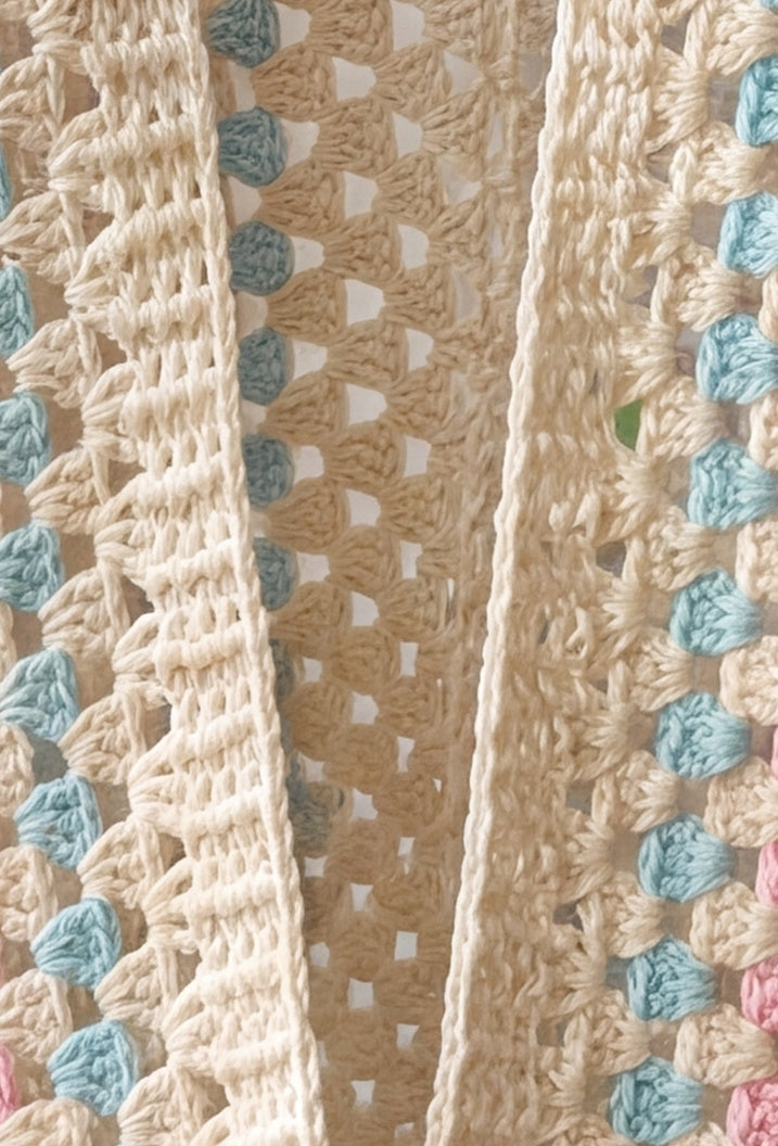 Close-up of the open front edge of an ecru hexagon crochet cardigan, granny clusters and turquoise stripe - handmade by Ana Chic