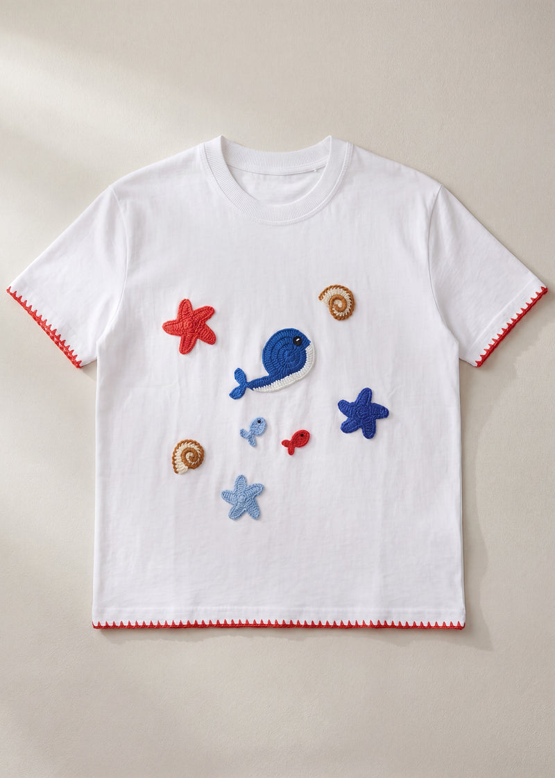 Handmade organic cotton t-shirt with crochet accents by Ana Chic